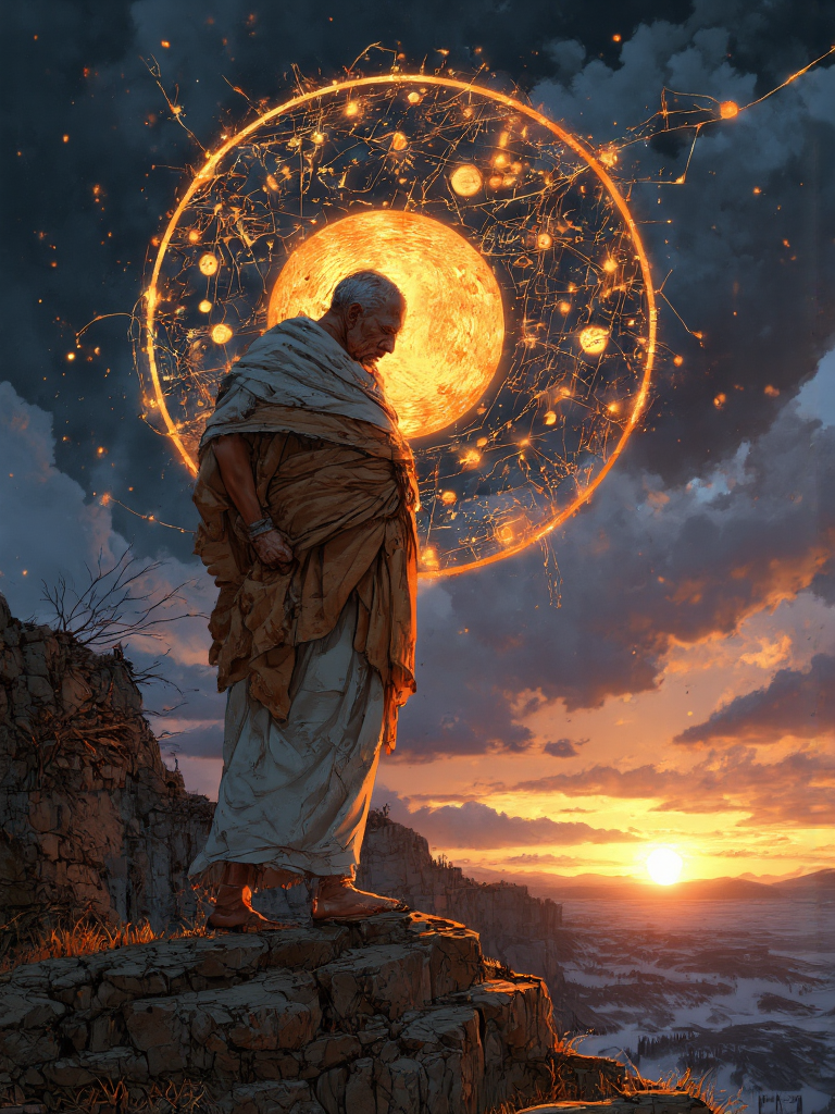 صورة مولدة بالذكاء الاصطناعي: SD XL prompt: Archimedes stands on a rugged cliff at the edge of... (نموذج SD XL - تصوير فوتوغرافي)