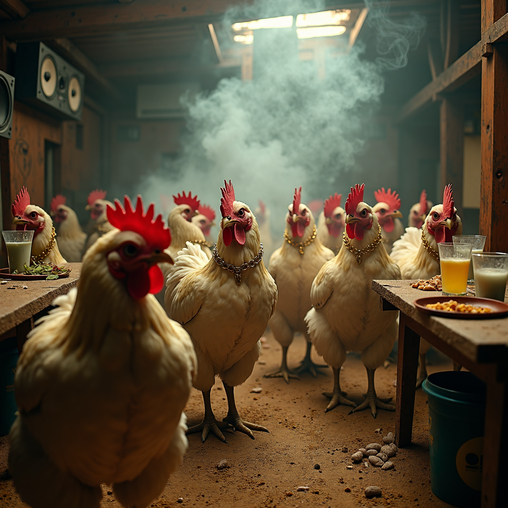 AI generated: FLUX prompt: inside a noisy and dusty chicken coop where all th... (FLUX - Concept Art)