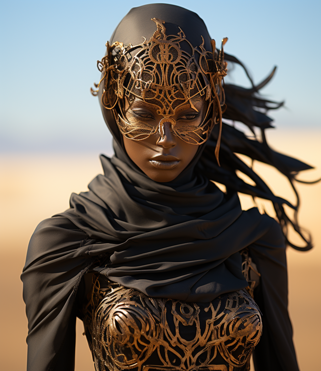 AI generated: Midjourney prompt: burning man desert woman stands in desert standing... (Midjourney - Photography)