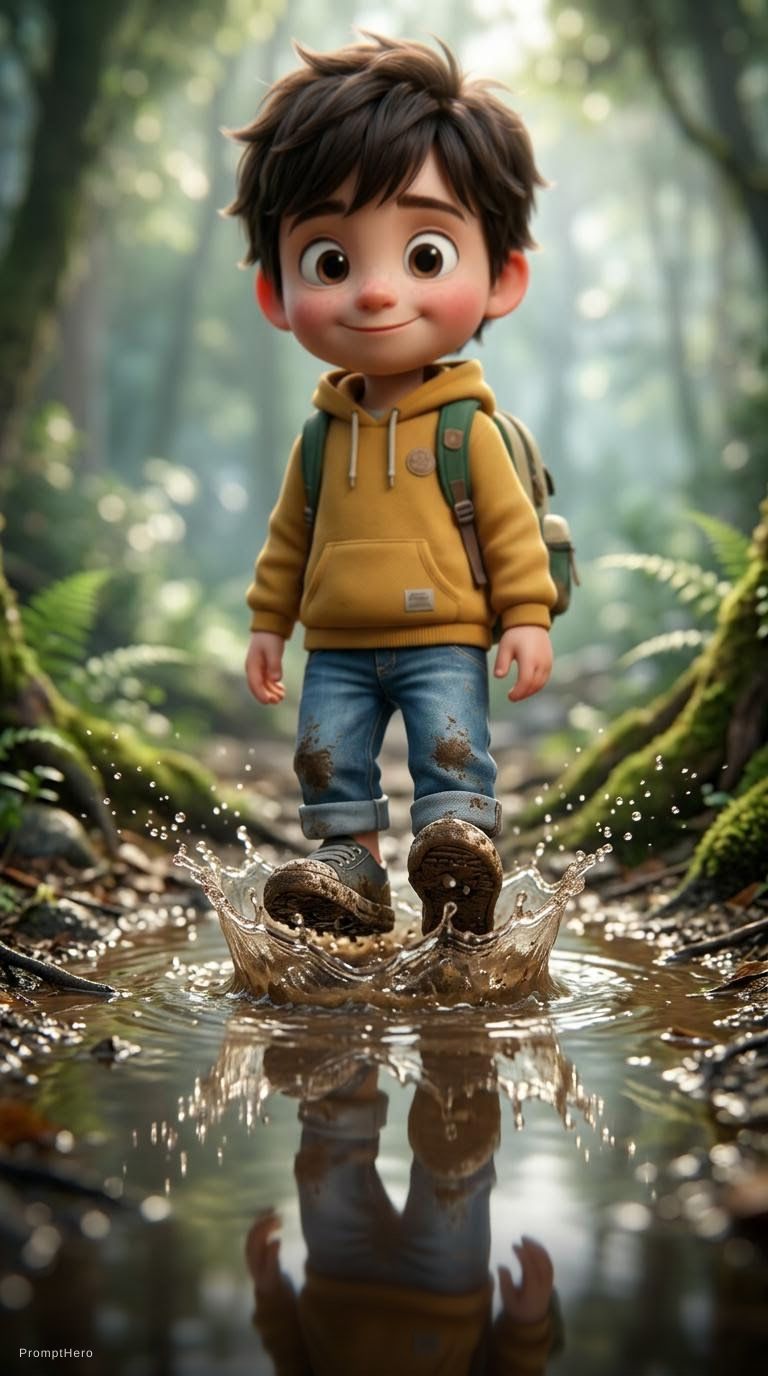AI generated: Nano Banana prompt: Cute stylized 3D little boy standing in a shallow ... (Nano Banana - Portraits)