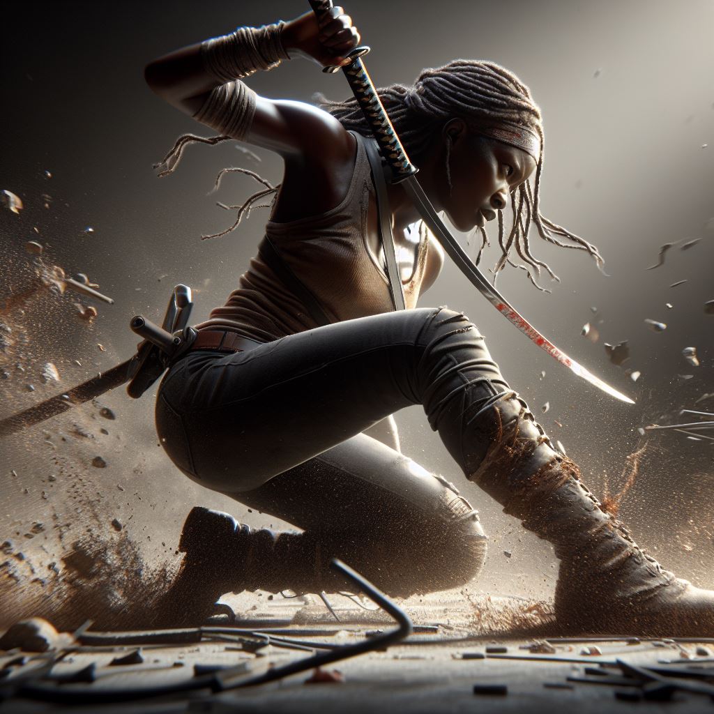 AI generated: DALL·E prompt: a dynamic action shot of Michonne, with her katana... (DALL·E - Photography)
