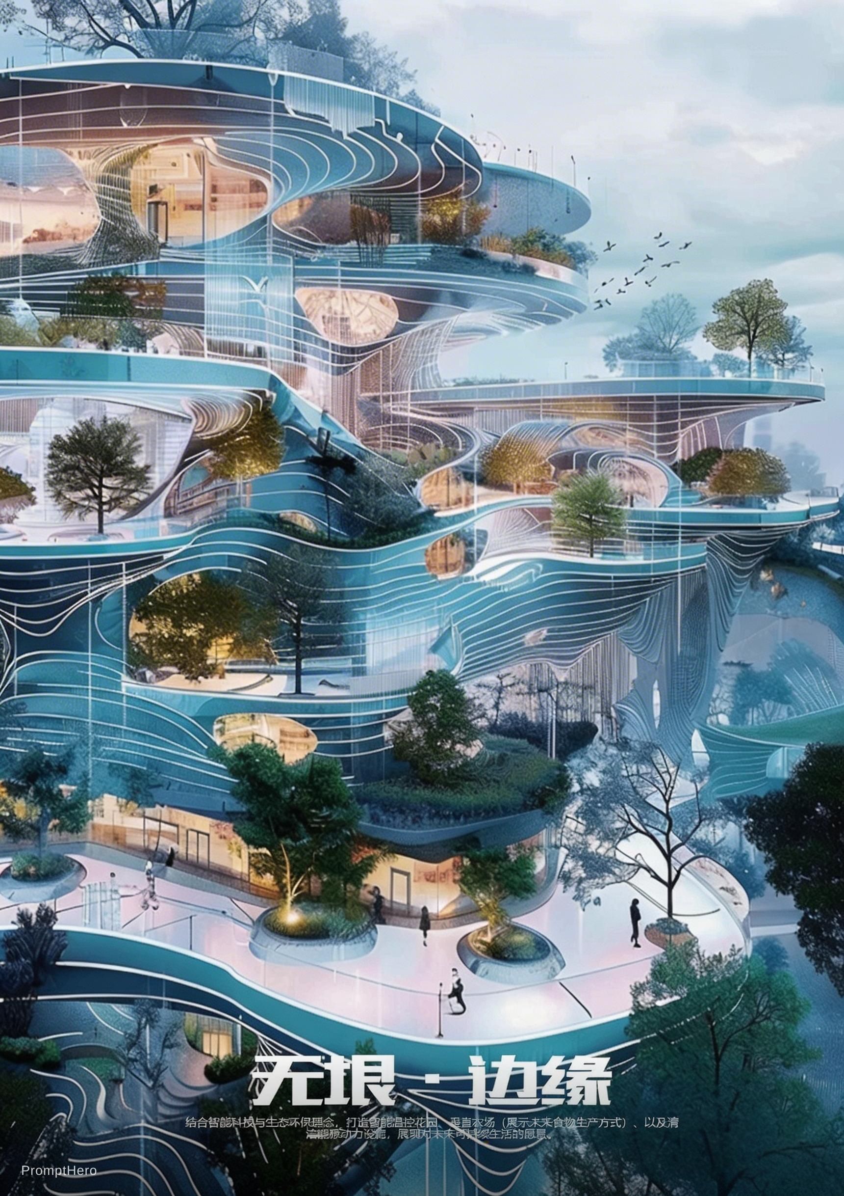 صورة مولدة بالذكاء الاصطناعي: Seedream 5 prompt: 未来主义生态建筑综合体，多层悬浮式结构，参数化流线设计，建筑整体呈有机曲面与环形平台叠加，仿生形态，... (نموذج Seedream 5 - فن مفاهيمي)