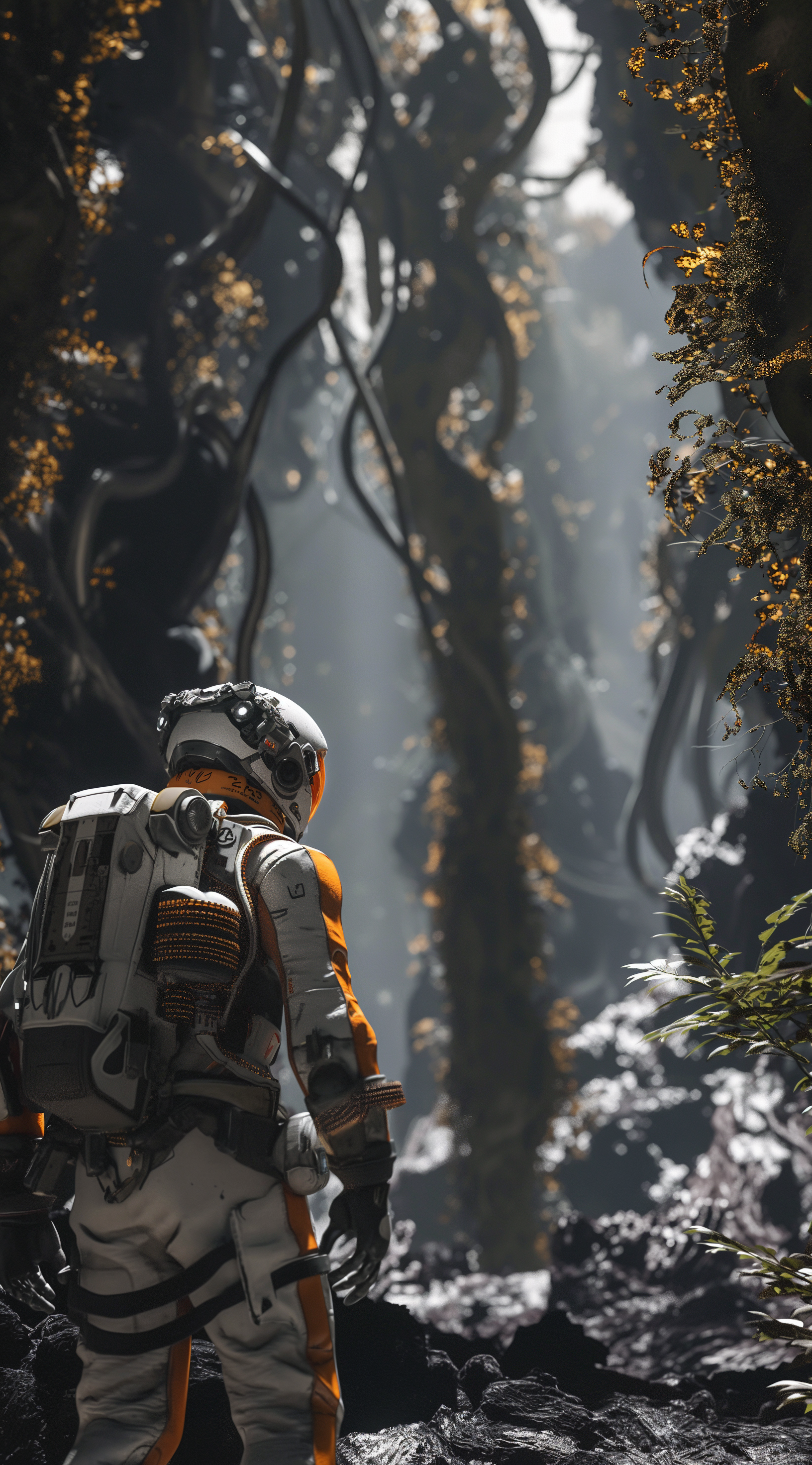AI generated: Midjourney prompt: a space explorer in white and orange suit, glowing... (Midjourney - 3d Renders)