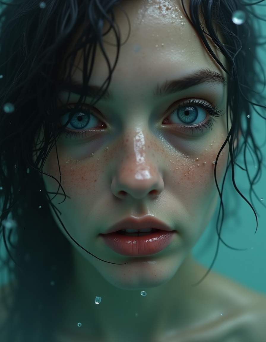 صورة مولدة بالذكاء الاصطناعي: FLUX prompt: the face of woman with beautiful blue eyes, in wat... (نموذج FLUX - تصوير فوتوغرافي)