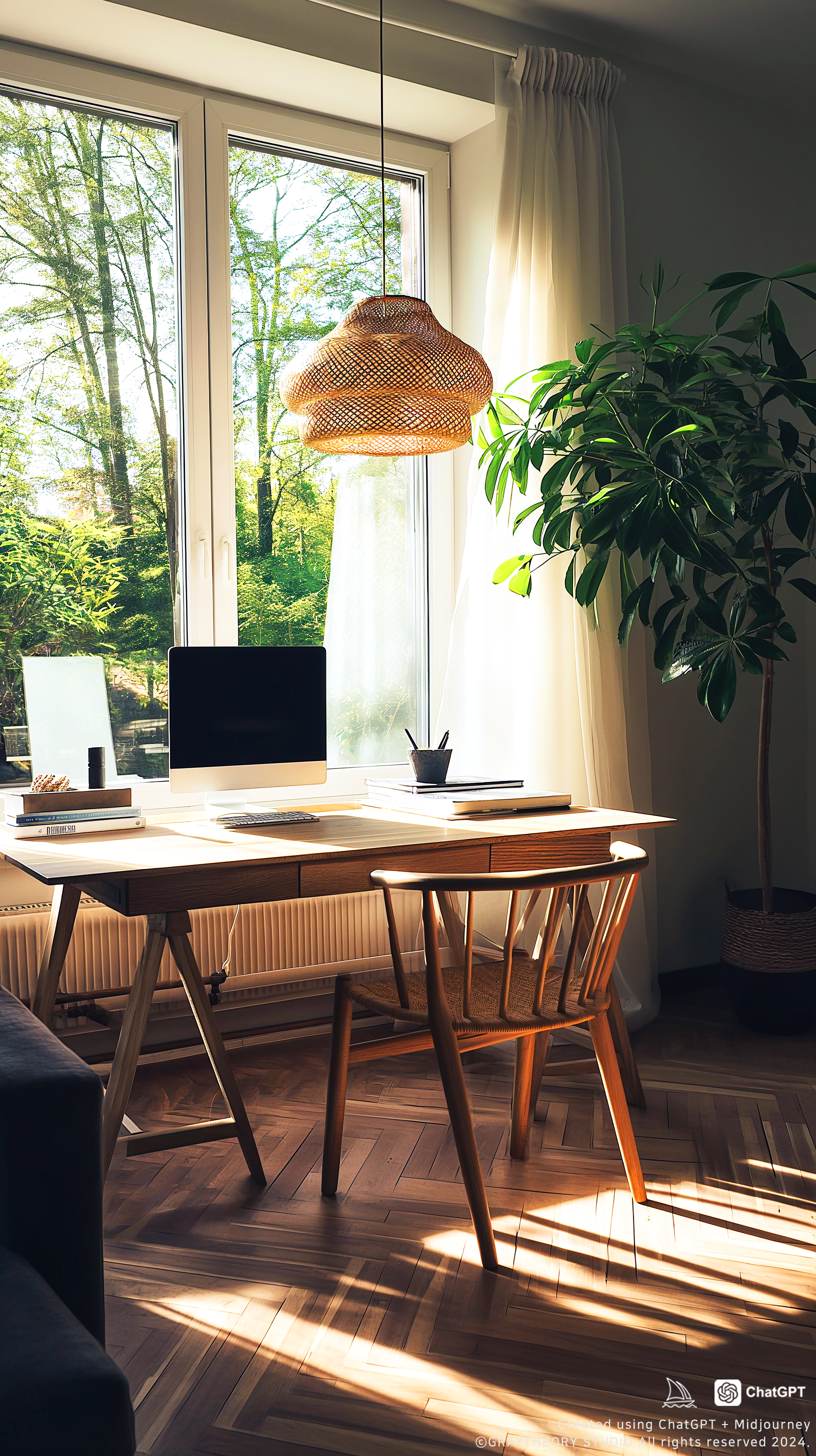 صورة مولدة بالذكاء الاصطناعي: Midjourney prompt: A cozy Scandinavian home office, natural oak desk,... (نموذج Midjourney - تصميم داخلي)