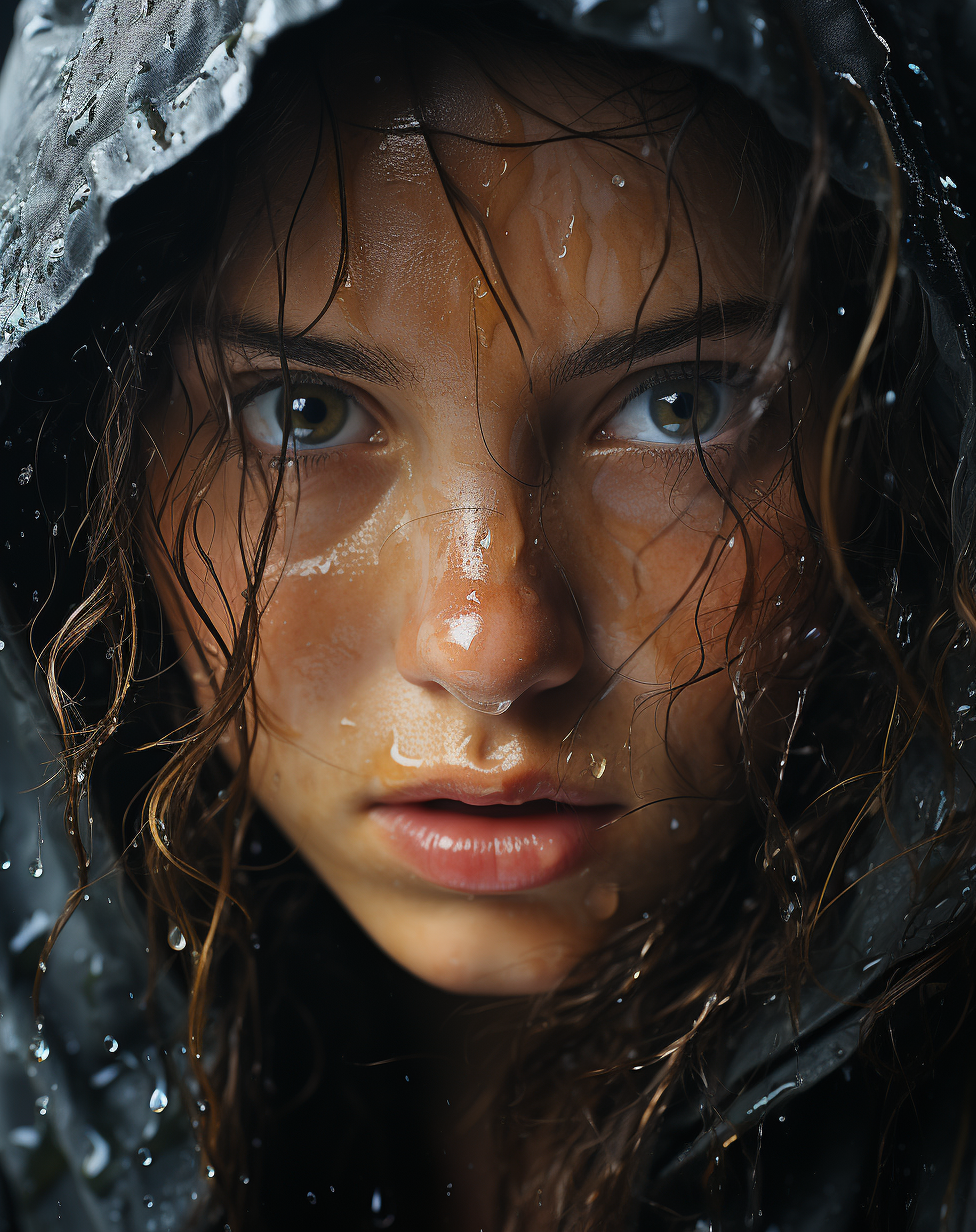 AI generated: Midjourney prompt: a beautiful girl with water drops on her face, in ... (Midjourney - Portraits)