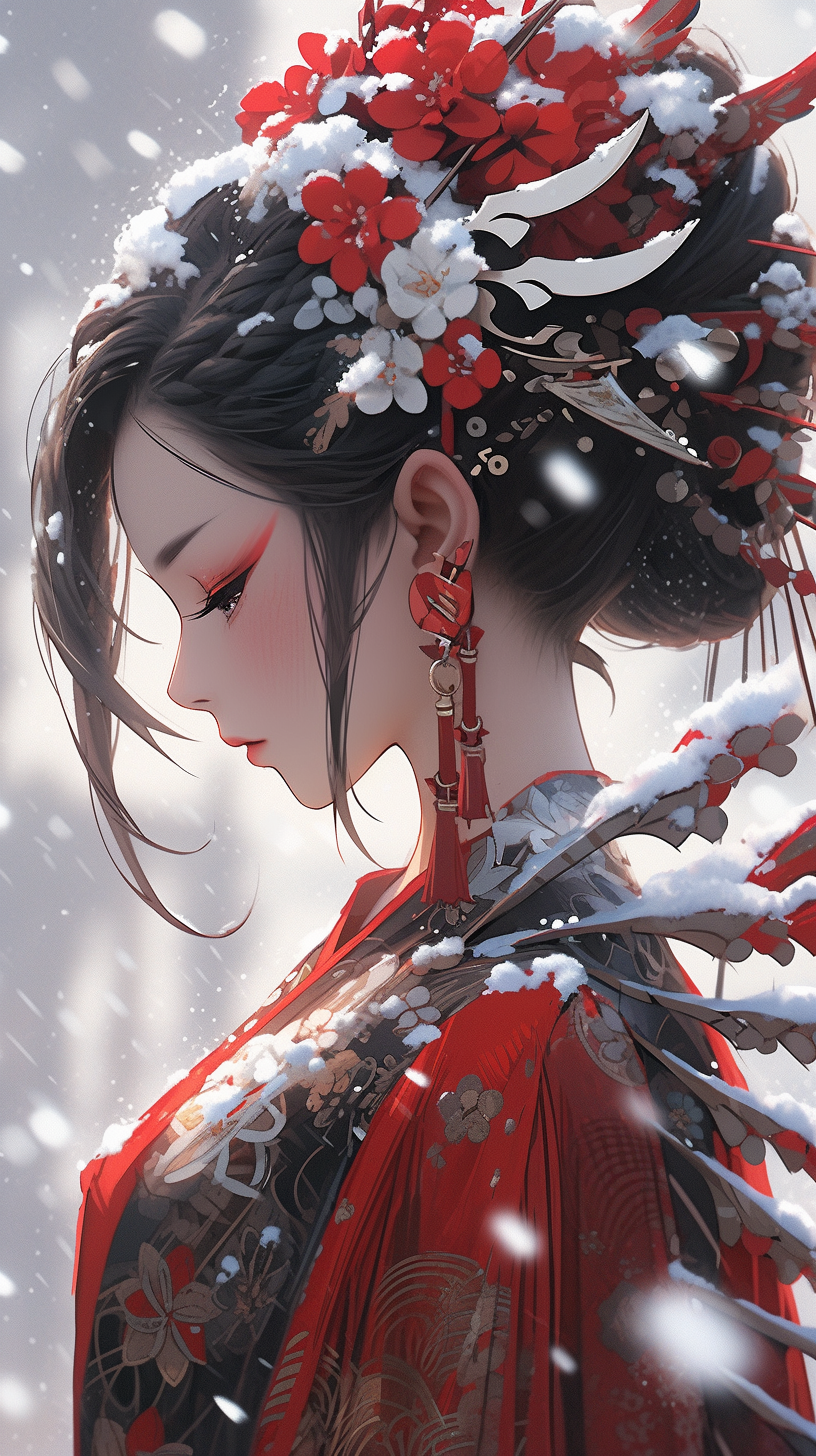 AI generated: Midjourney prompt: the geisha is wearing red and white, in the style ... (Midjourney - Anime)