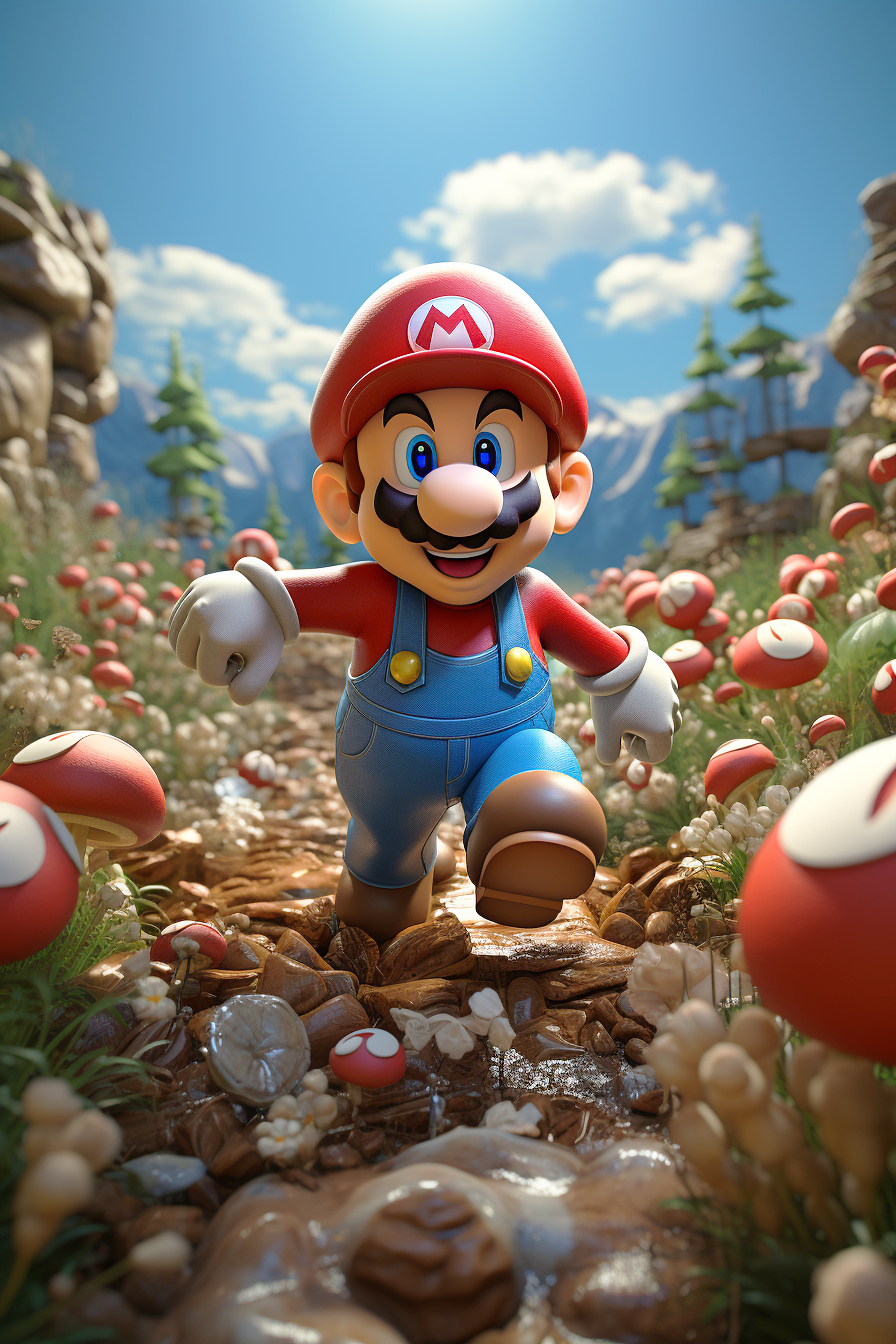 AI generated: Midjourney prompt: Super-Mario running, Mushroom Kingdom background, ... (Midjourney - Character Design)