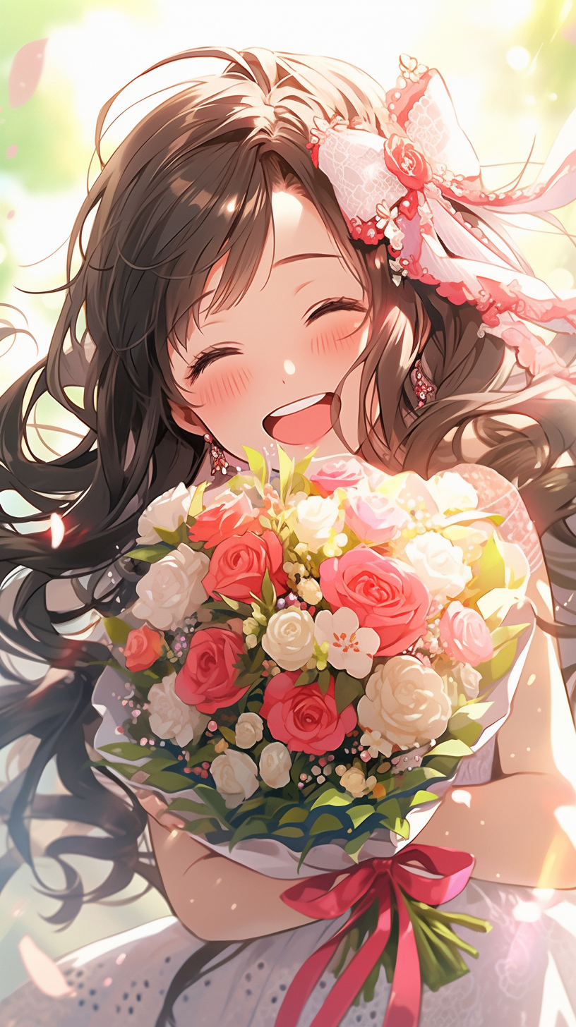 Midjourney prompt: A picture of a joyful young girl holding a bouquet... - Midjourney