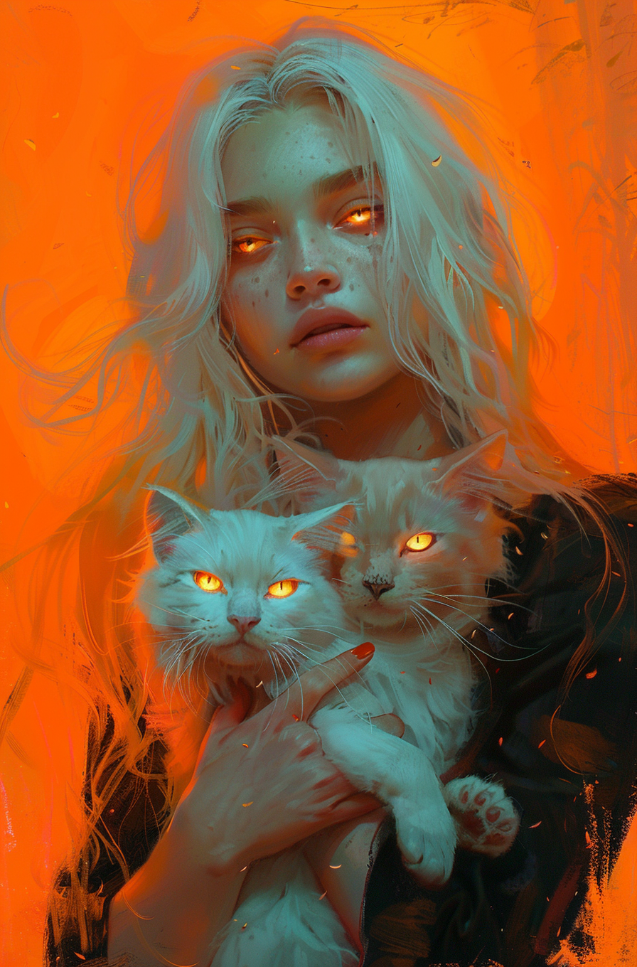 Midjourney prompt: girl with white hair holding two cats in the orang... - Midjourney