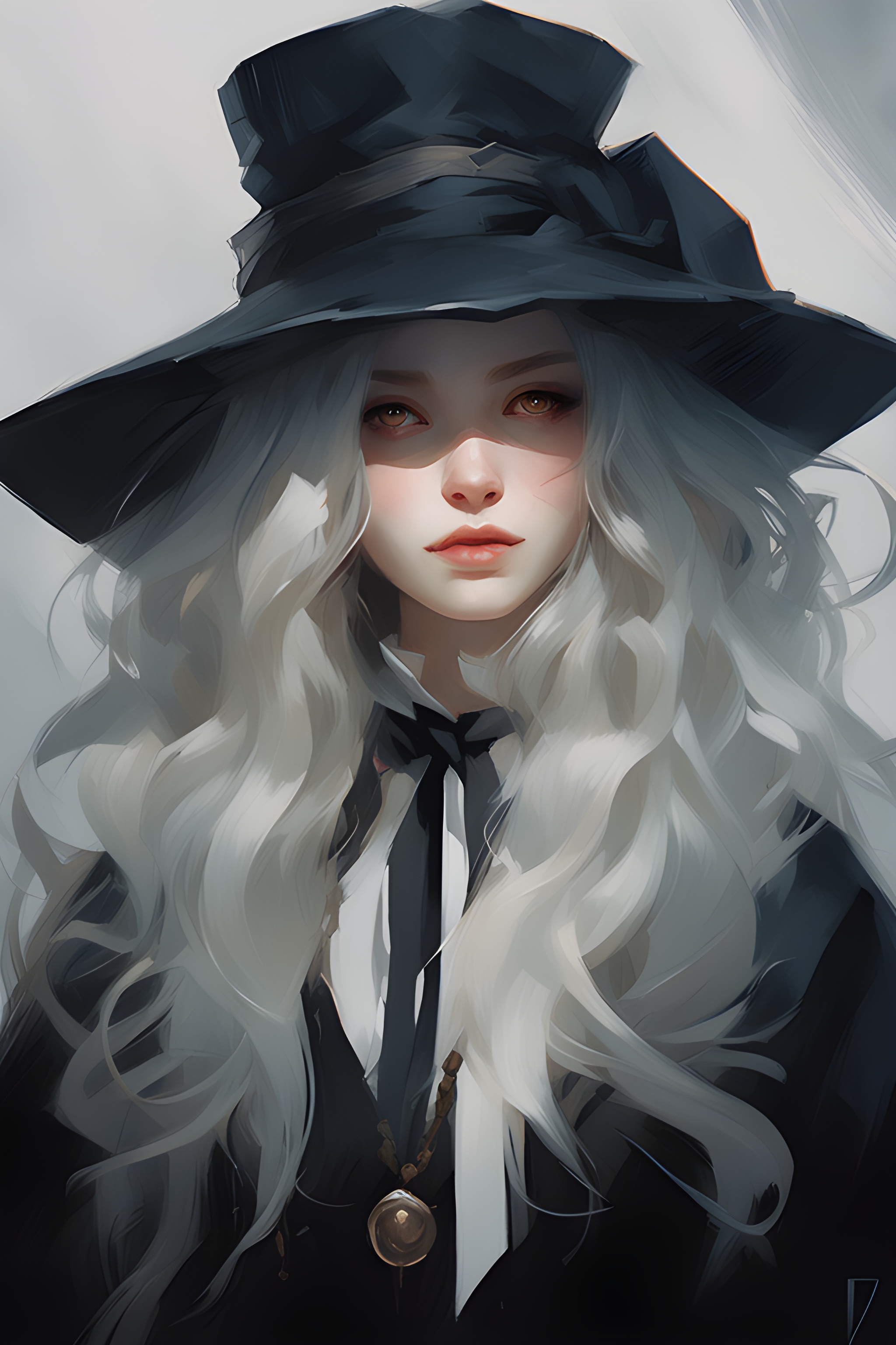 صورة مولدة بالذكاء الاصطناعي: Deliberate prompt: a close up of a woman with a hat and a long white ... (نموذج Deliberate - فن مفاهيمي)