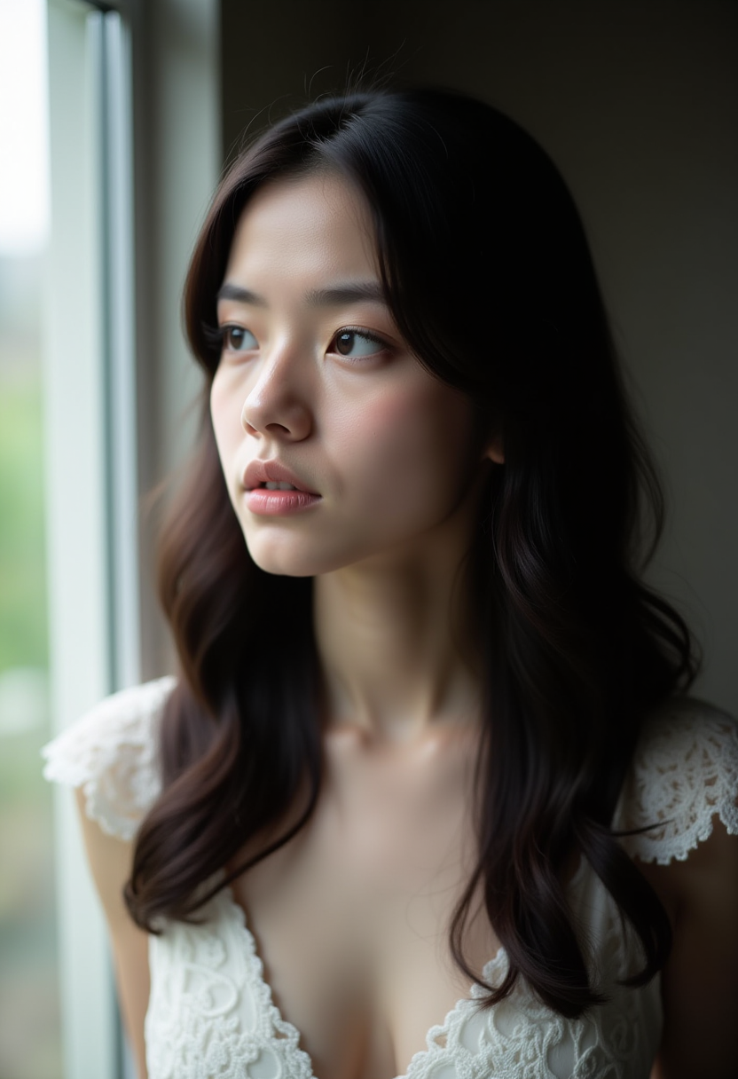 FLUX prompt: We see a young woman with long, dark hair and fair... - FLUX