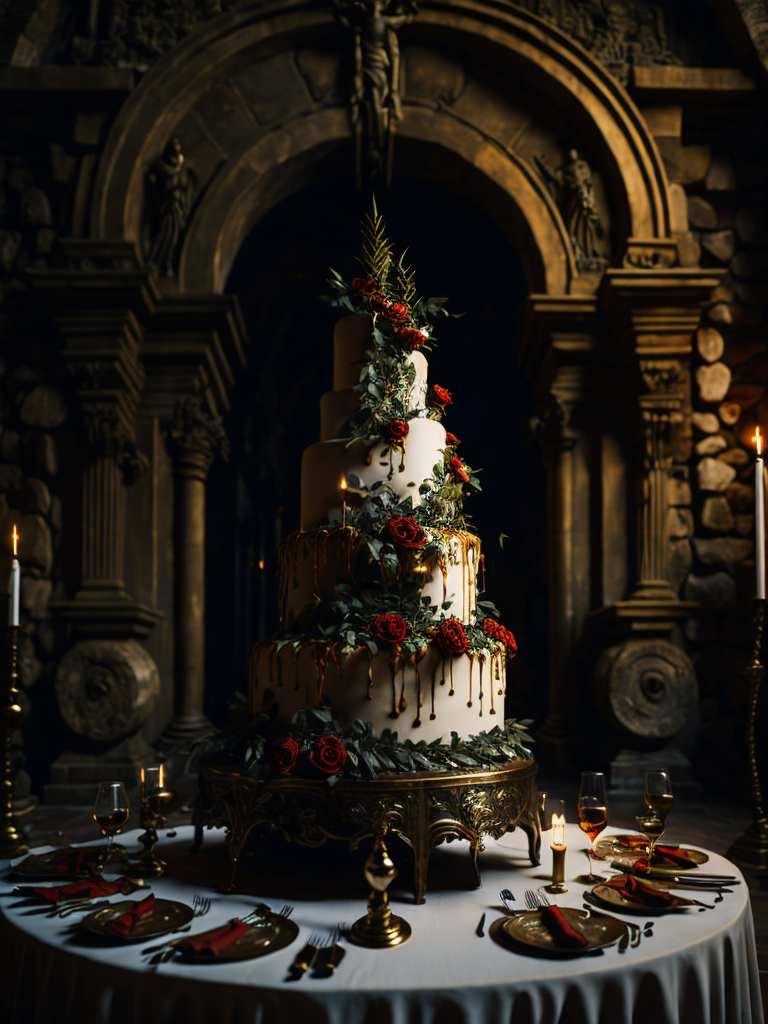 Illuminati Diffusion prompt: wedding cake sitting on a ta...