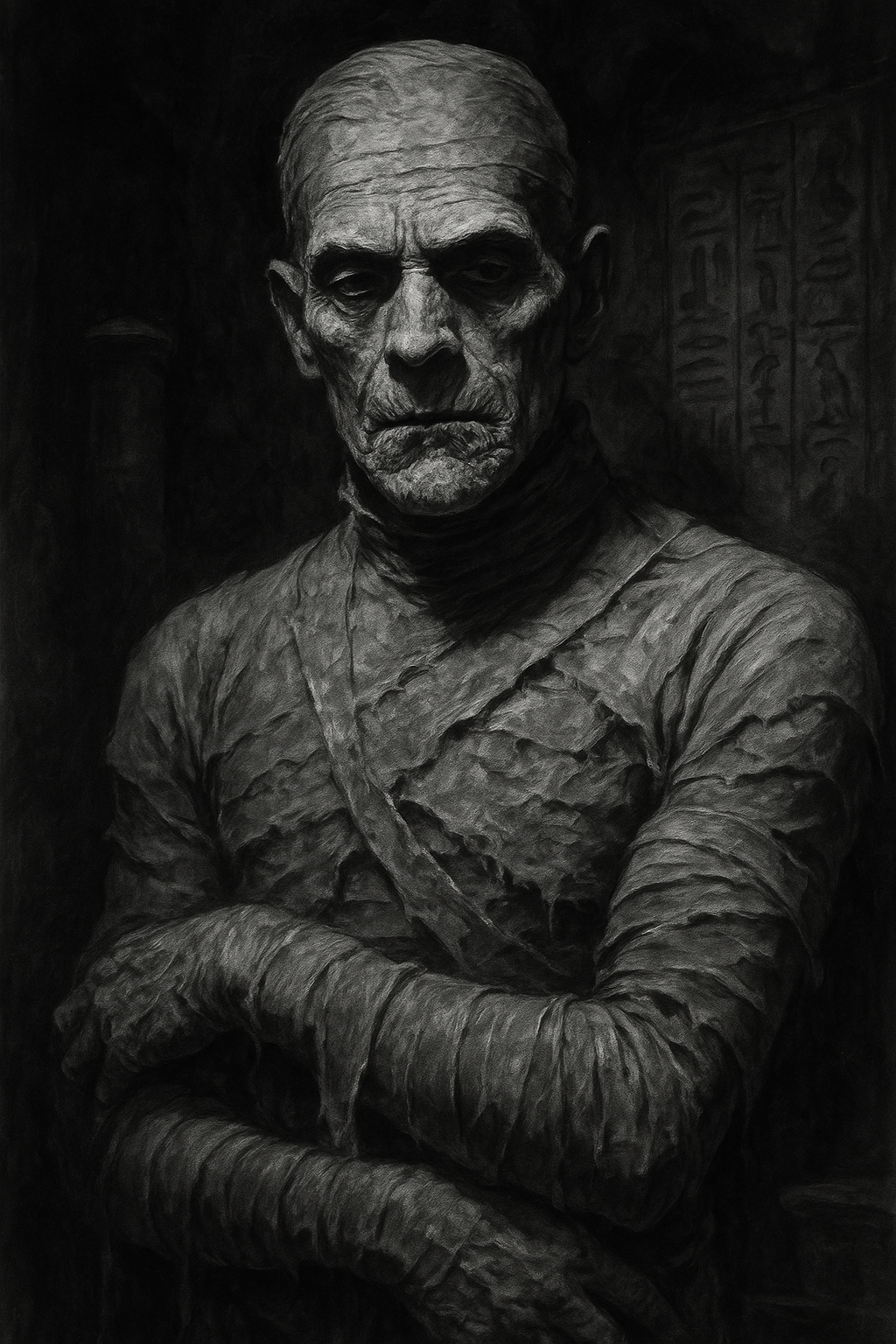 AI generated: ChatGPT Image prompt: Create a black and white illustration of the mummy... (ChatGPT Image - Portraits)
