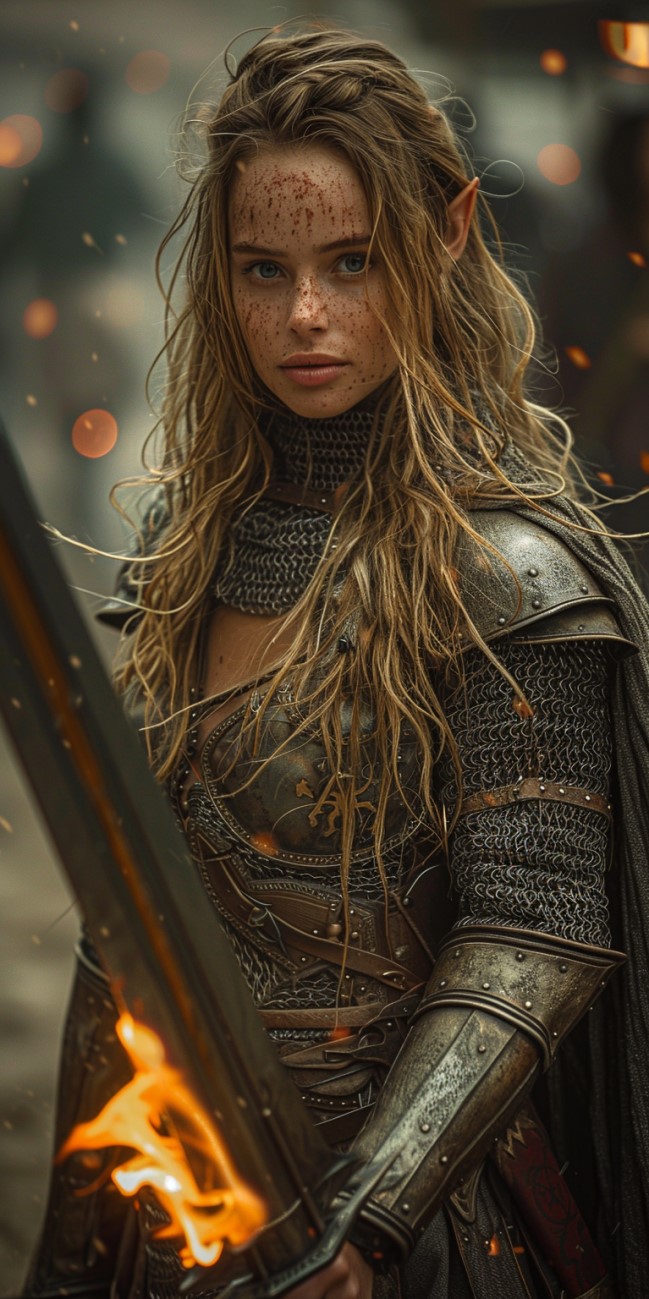 Midjourney prompt: Elf, warrior woman in chainmail armour...