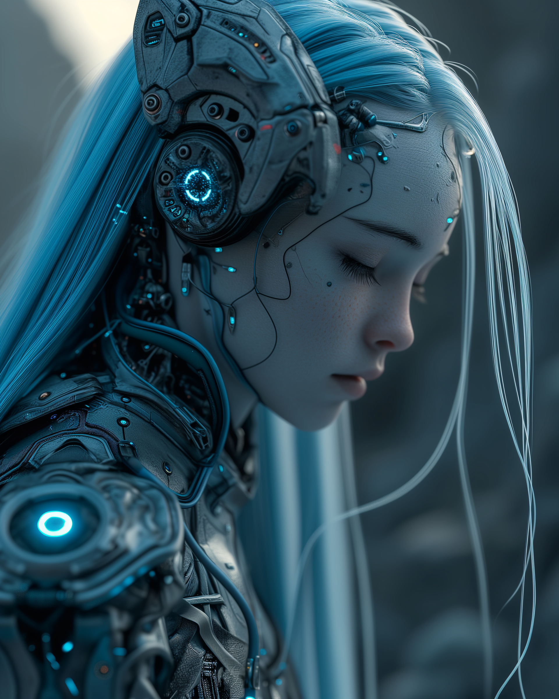 AI generated: Midjourney prompt: Elf Galadriel dressed in a robot outfit in the dar... (Midjourney - Portraits)