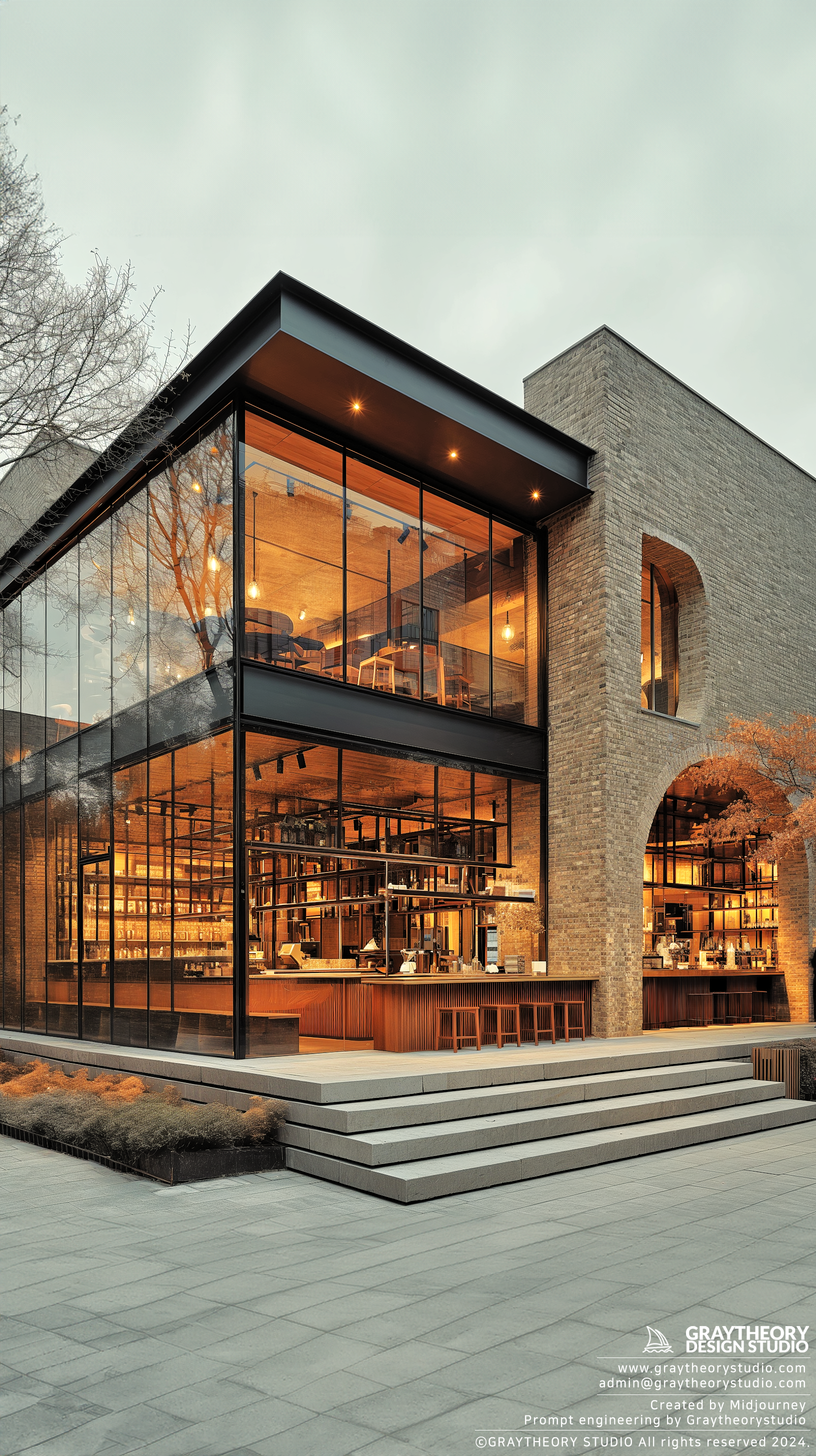 AI generated: Midjourney prompt: Design a modern and minimalist cafe facade, focusi... (Midjourney - Architecture)