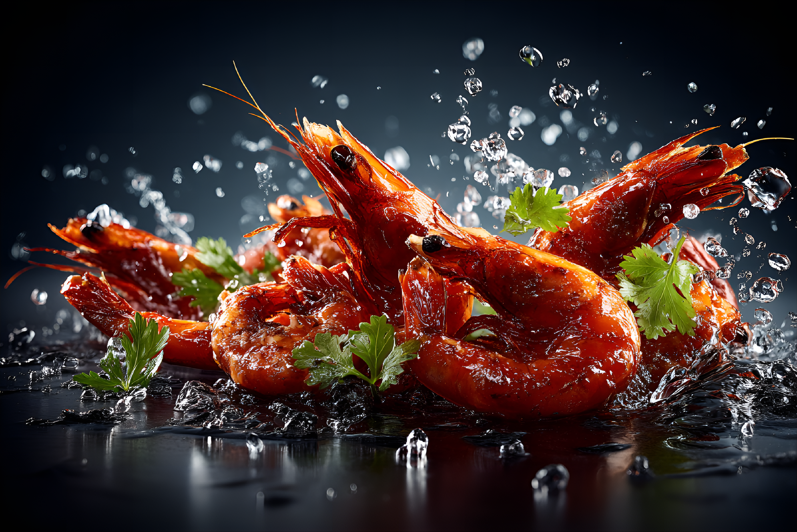 صورة مولدة بالذكاء الاصطناعي: Midjourney prompt: vibrant red shrimp captured mid-motion against a d (نموذج Midjourney - فن مفاهيمي)