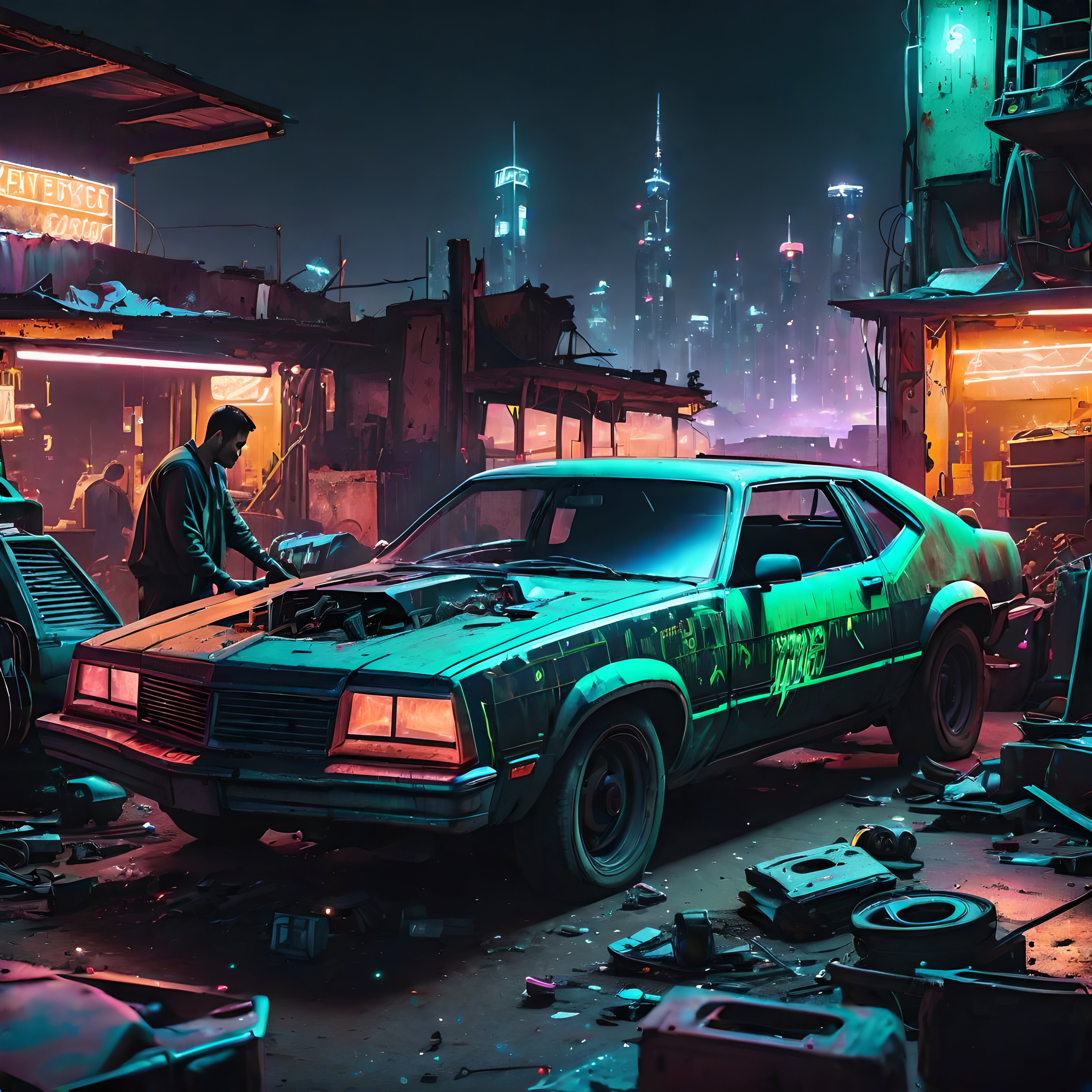 Stable Diffusion prompt: neon glow of a city in the backg...