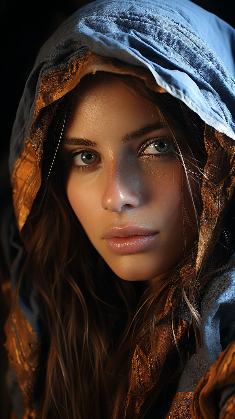 صورة مولدة بالذكاء الاصطناعي: Midjourney prompt: a photo of a woman with blue eyes looking at herse... (نموذج Midjourney - صور شخصية)