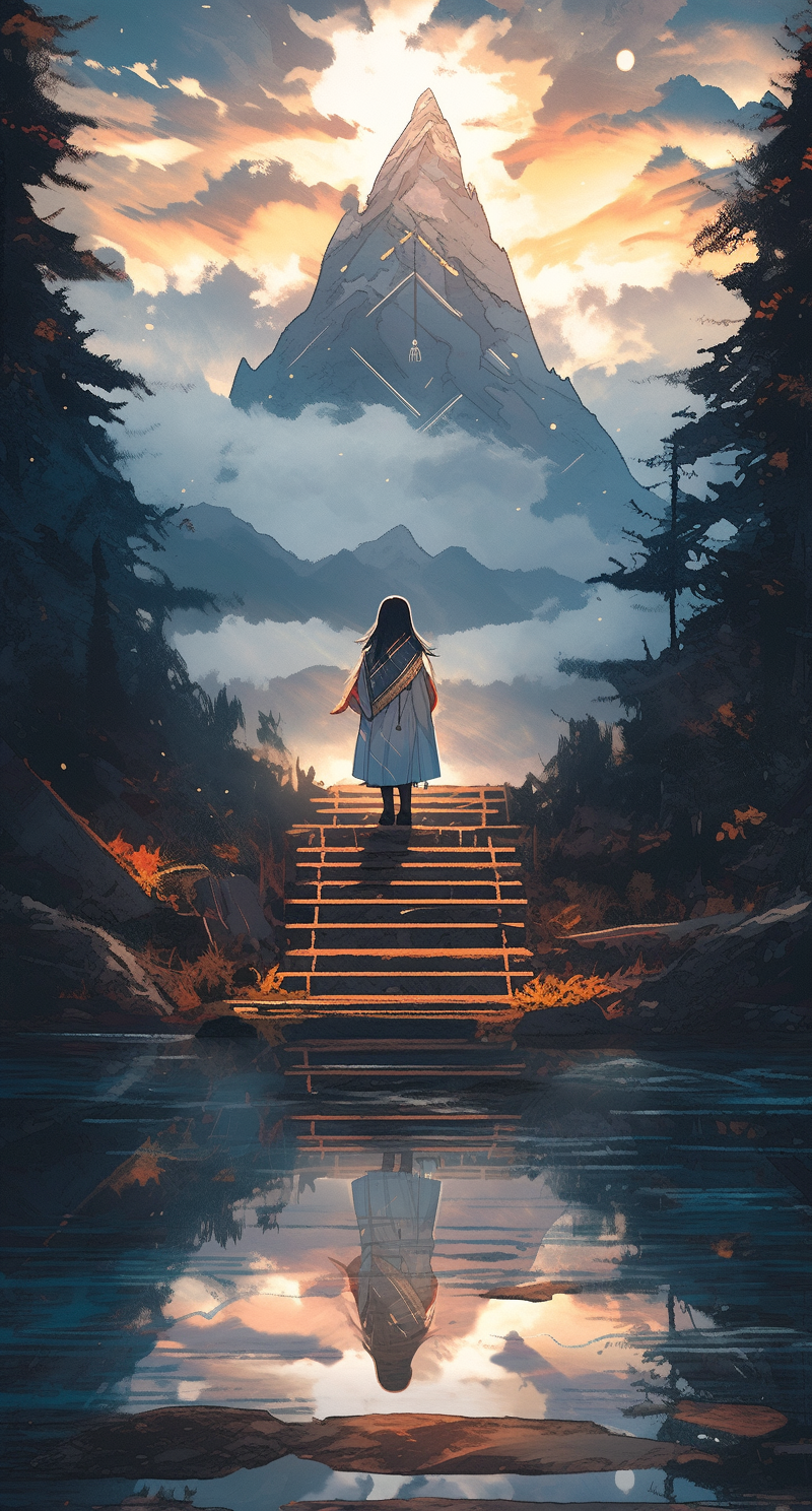 AI generated: Midjourney prompt: a woman on a stair case in the mountains, in the s... (Midjourney - Concept Art)