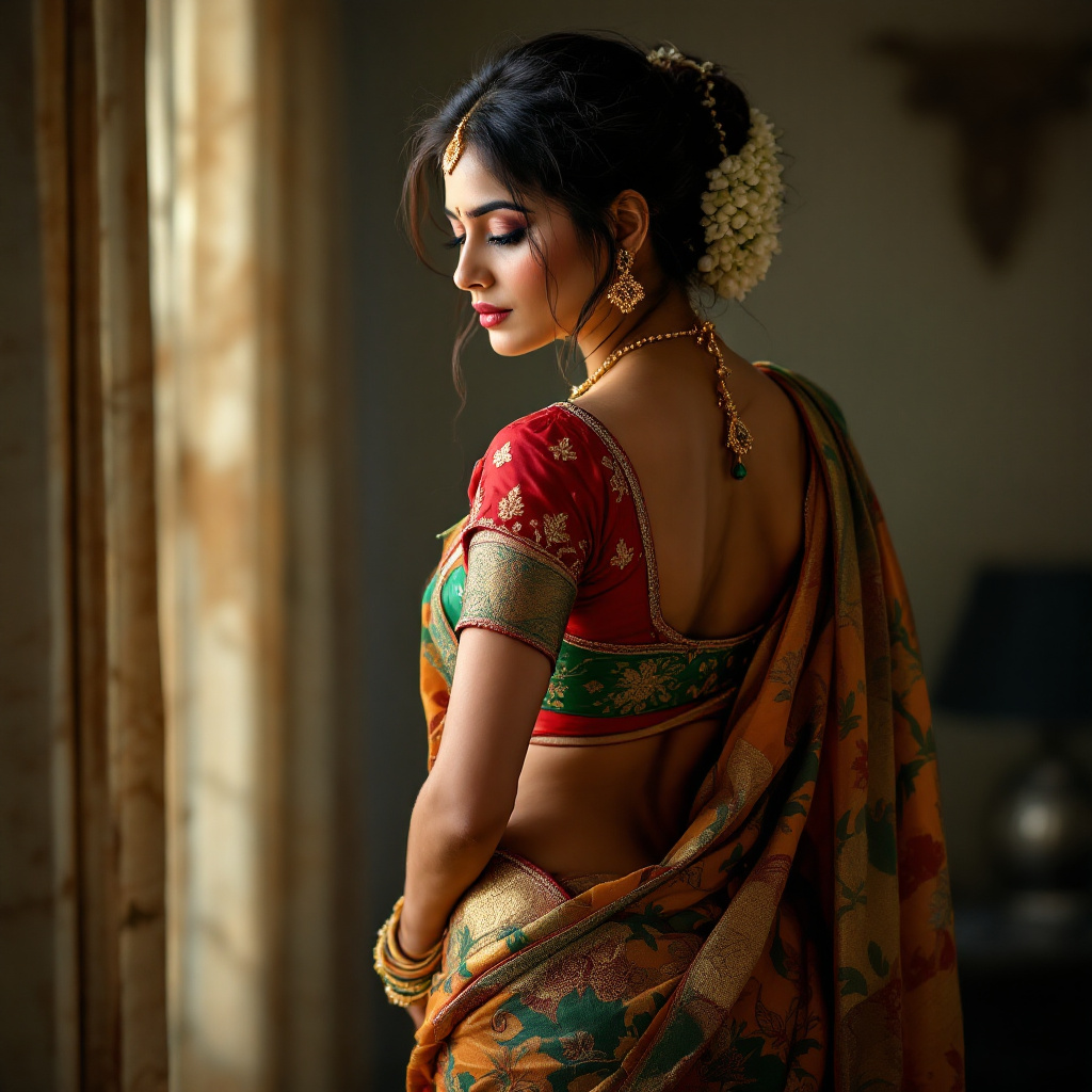 صورة مولدة بالذكاء الاصطناعي: FLUX prompt: young indian aunty in saree showing hip and back (نموذج FLUX - فن مفاهيمي)
