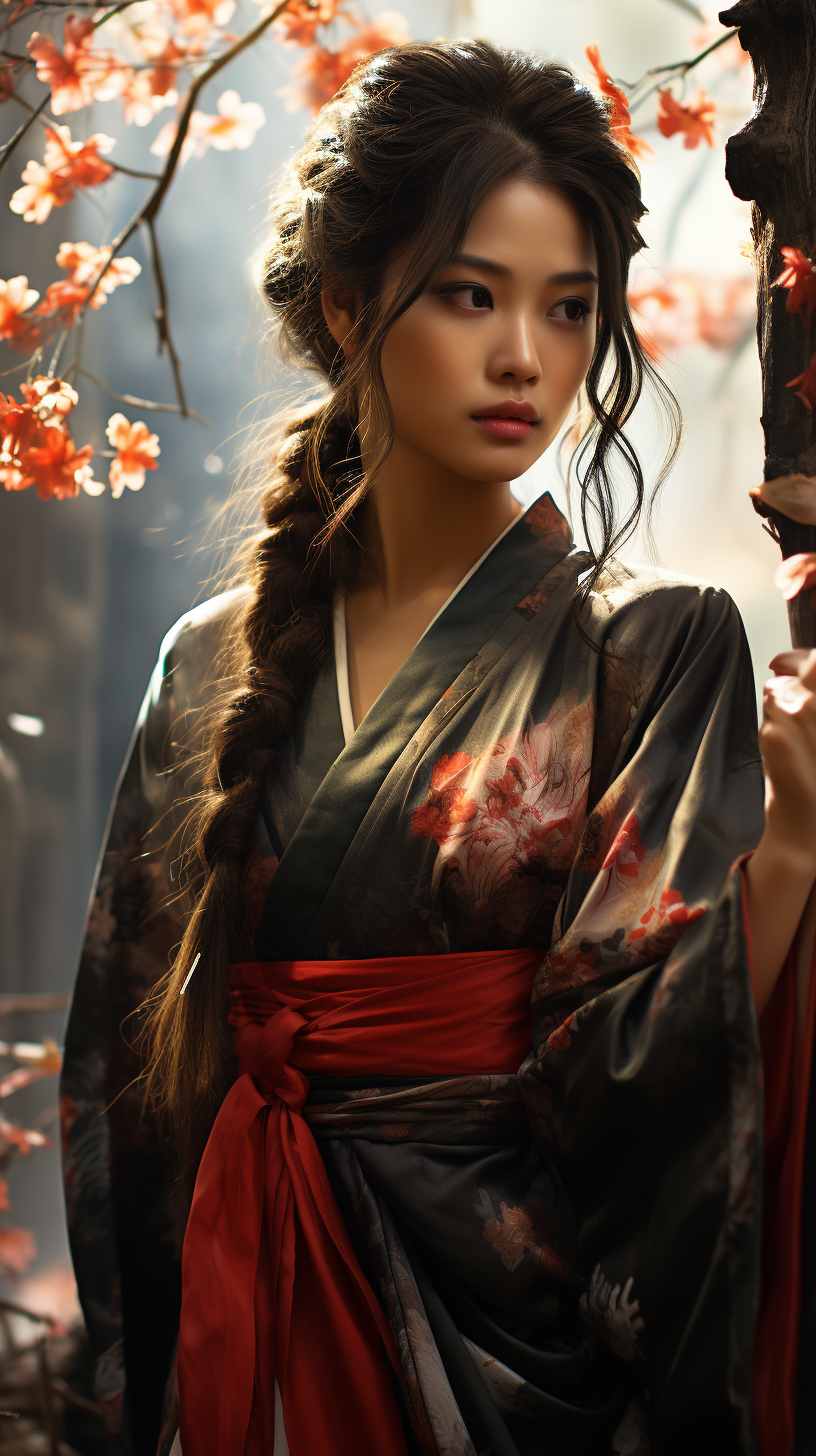 صورة مولدة بالذكاء الاصطناعي: Midjourney prompt: an young asian woman in the forest in kimono, in t... (نموذج Midjourney - صور شخصية)