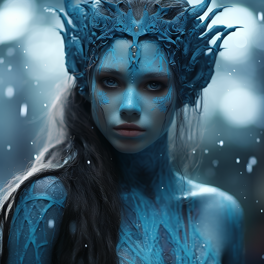 صورة مولدة بالذكاء الاصطناعي: Midjourney prompt: a young woman dressed as an elf in mystical blue p... (نموذج Midjourney - صور شخصية)