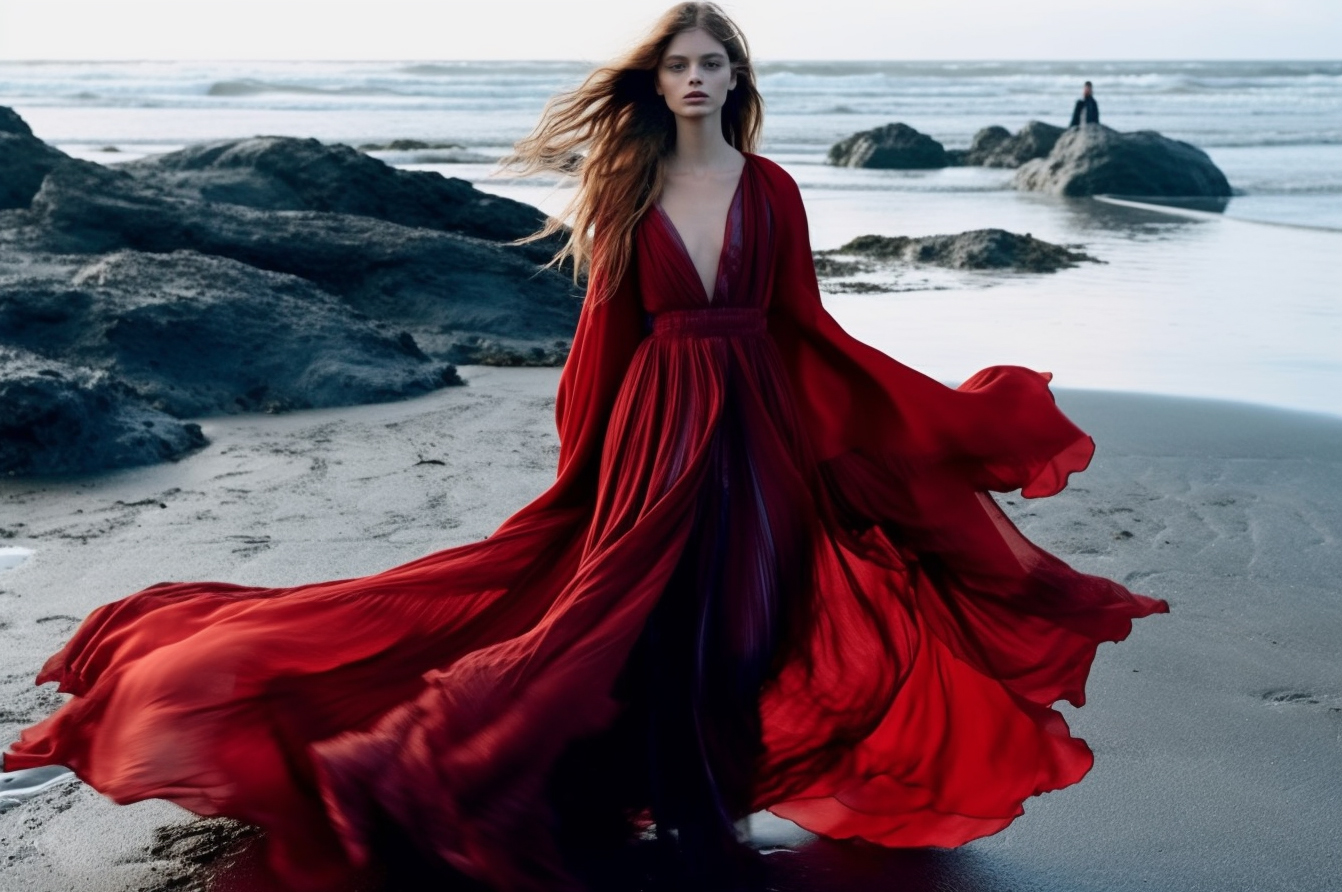 AI generated: Midjourney prompt: a woman in a red dress walking on a beach, a pictu... (Midjourney - Fashion)