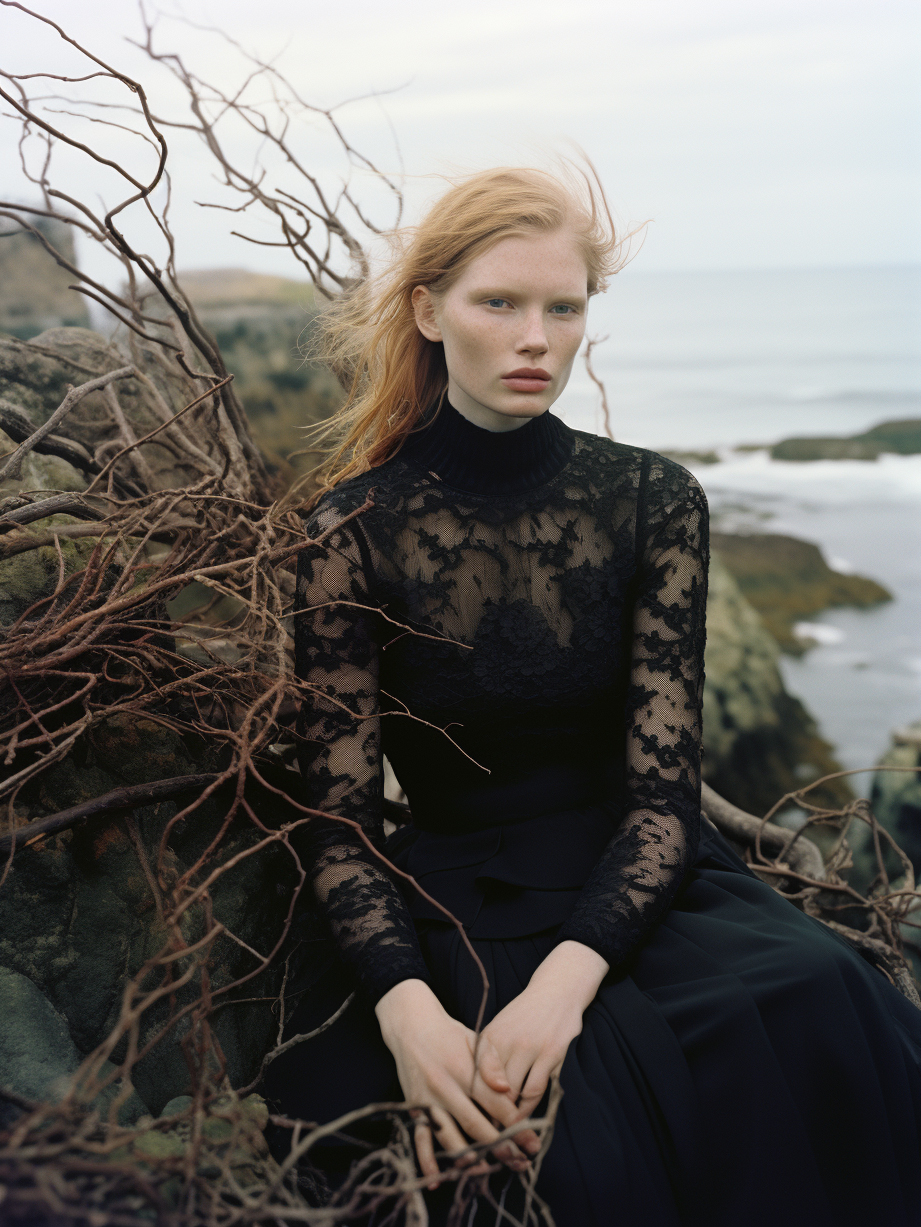 Midjourney prompt: a woman sitting on top of a rock next to the ocean... - Midjourney