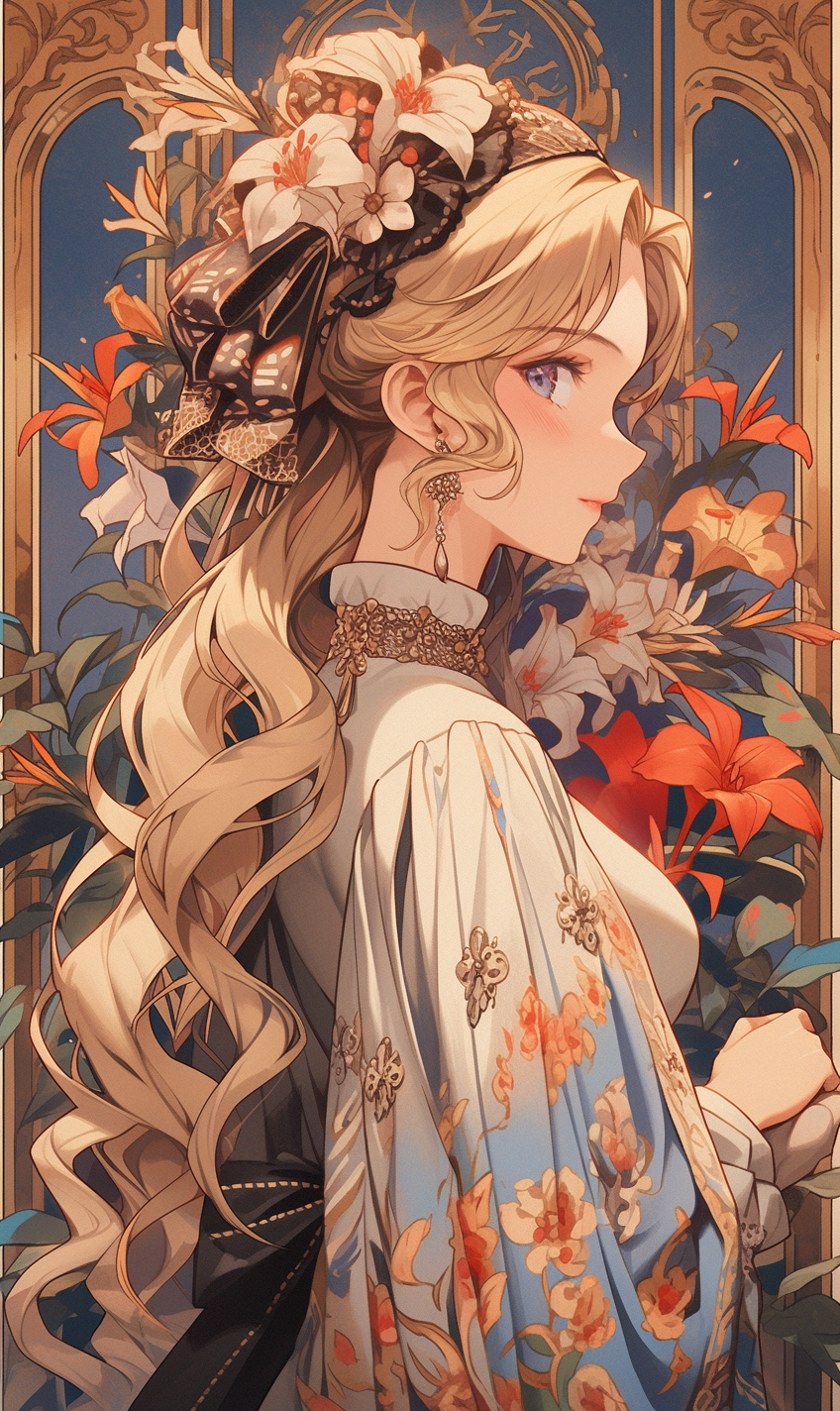 Midjourney prompt: anime portrait wallpaper, in the style of art nouv... - Midjourney