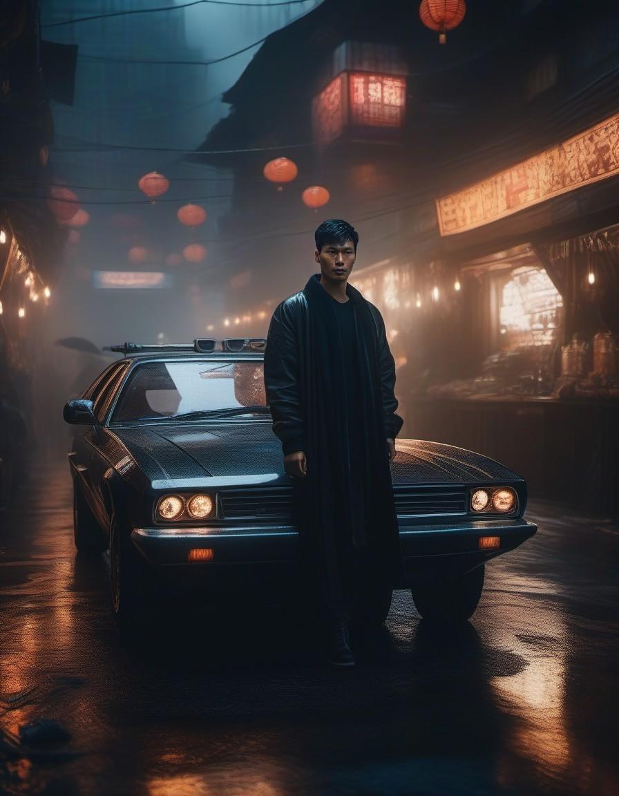 AI generated: Realistic Vision V2.0 prompt: Young men in blade runner, photo, light box, three... (Realistic Vision V2.0 - Photography)