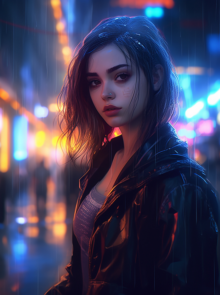 AI generated: Midjourney prompt: a girl in street, in a rainy night, neon lights, h... (Midjourney - Concept Art)