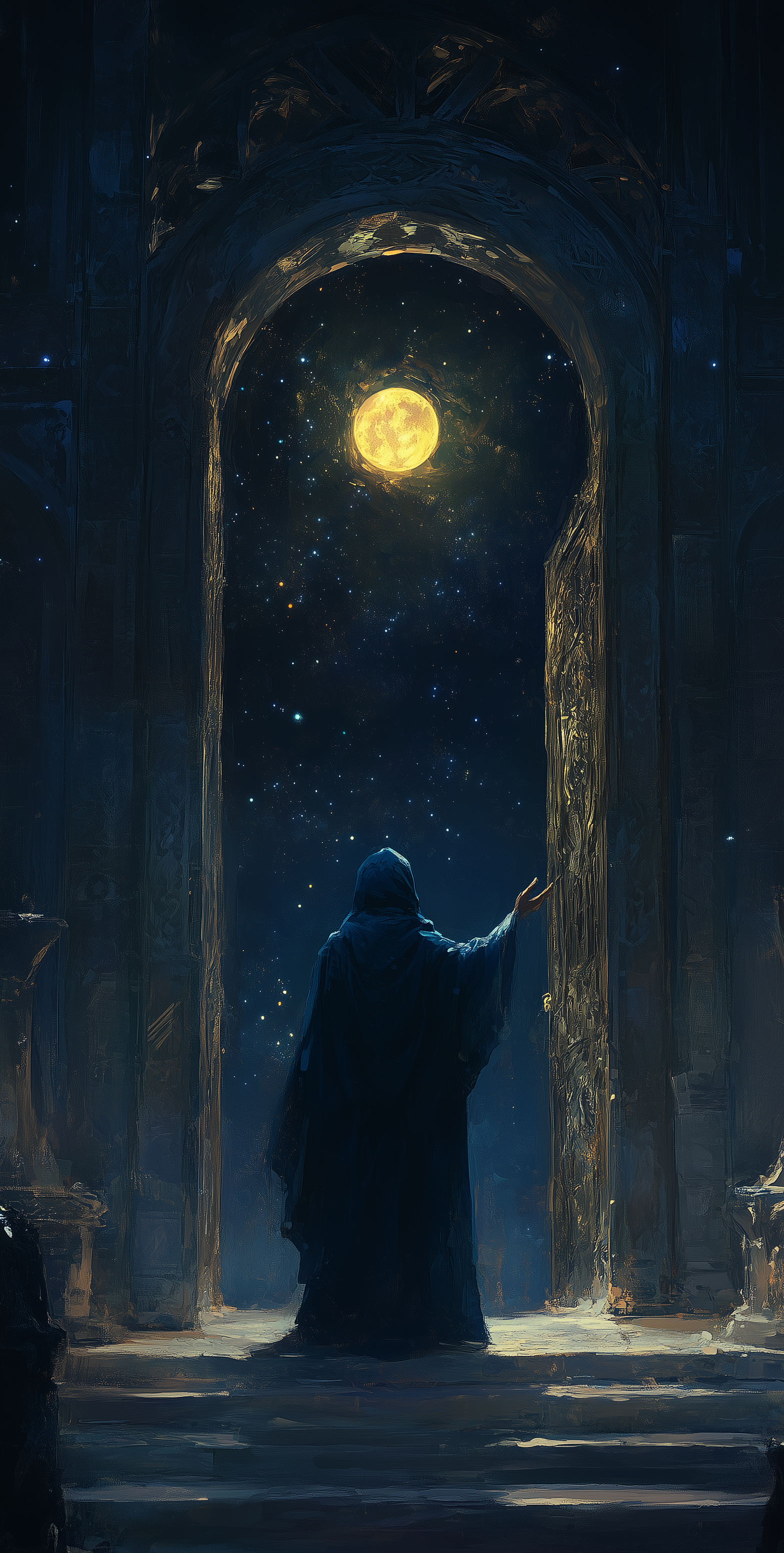 AI generated: Midjourney prompt: A blue-cloaked figure stands before an open door, ... (Midjourney - Concept Art)