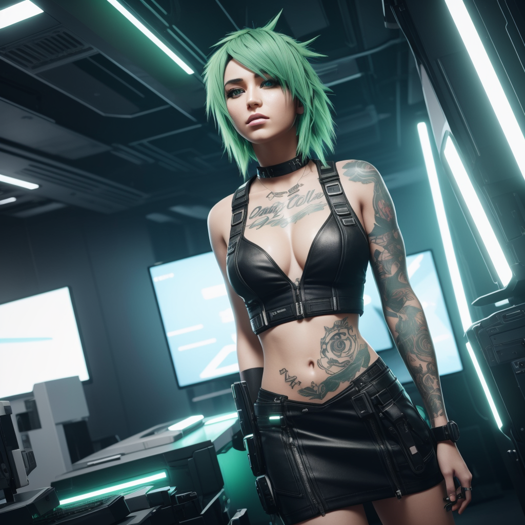 Stable Diffusion prompt: a woman with green hair and tatt...