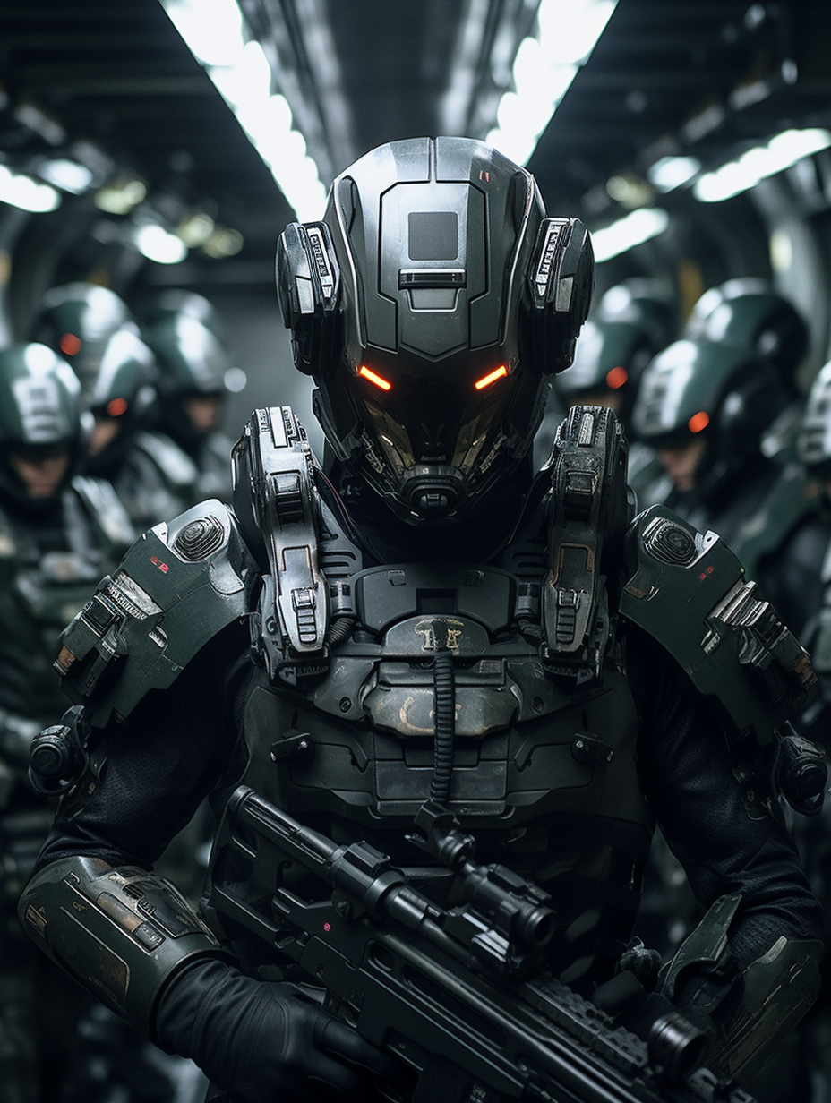 AI generated: Midjourney prompt: Futuristic Soldiers with advanced armor lined up t... (Midjourney - Photography)