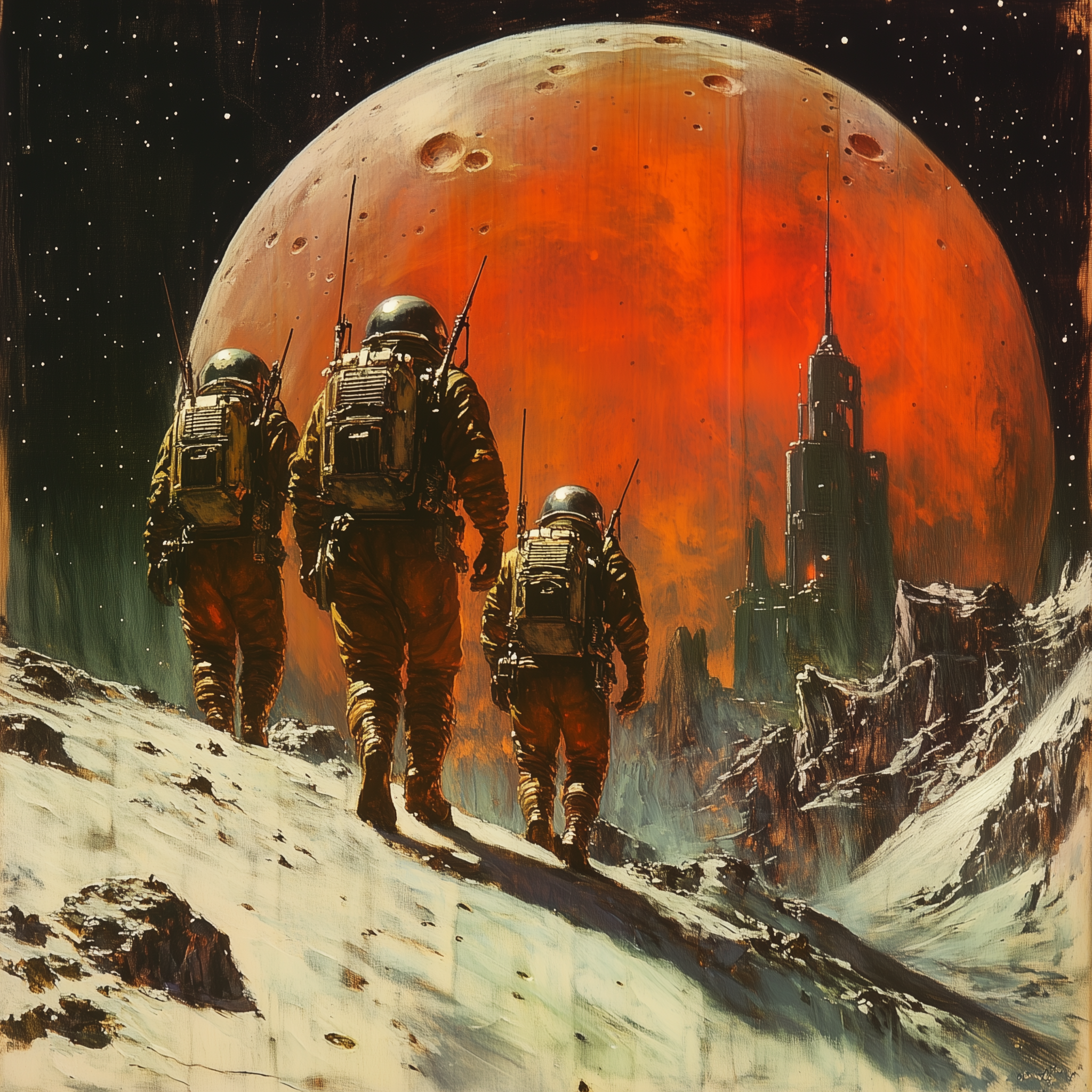AI generated: Midjourney prompt: The people of the moon, space suits and helmets, g... (Midjourney - Concept Art)