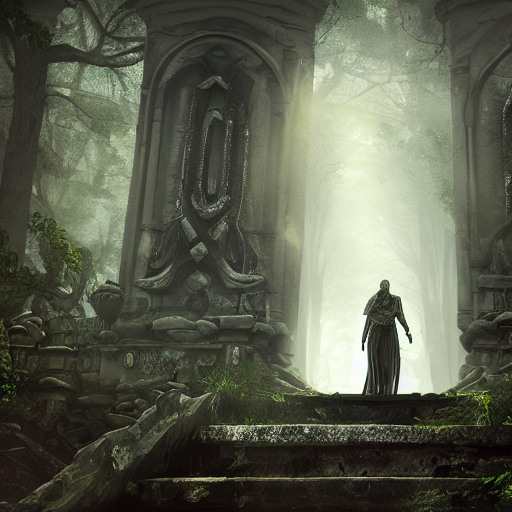 Stable Diffusion prompt: temple in ruines, forest, stairs...