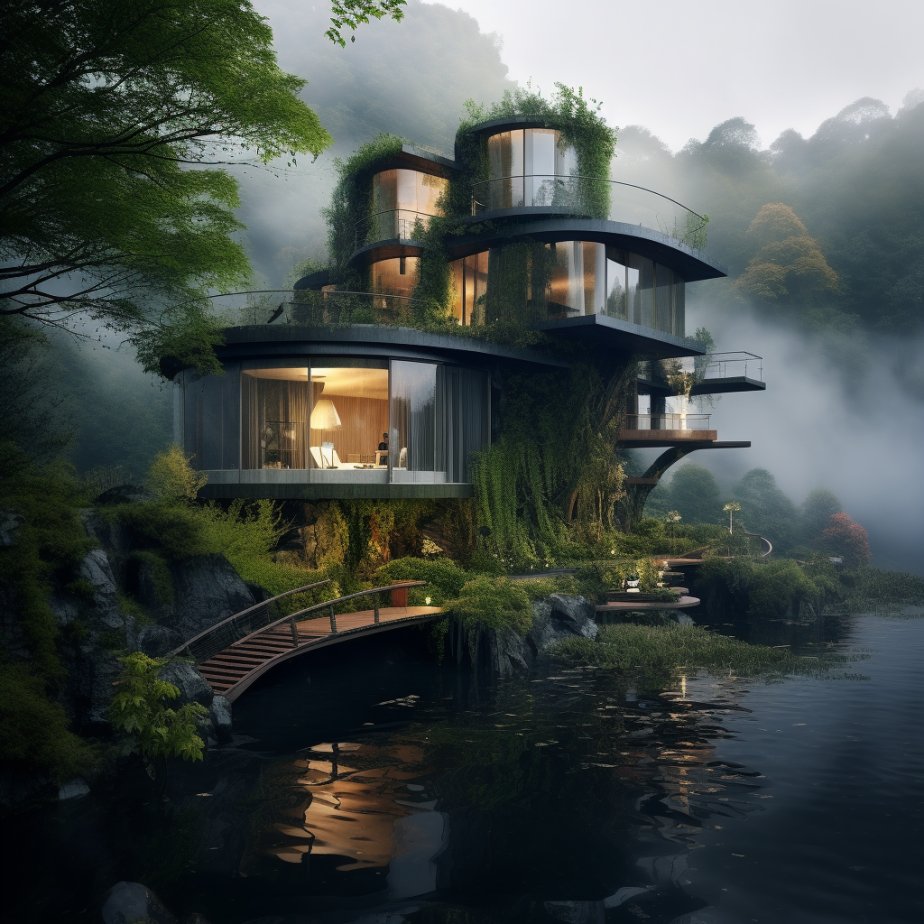 AI generated: Midjourney prompt: the house sitting on the river and surrounded by g... (Midjourney - Architecture)