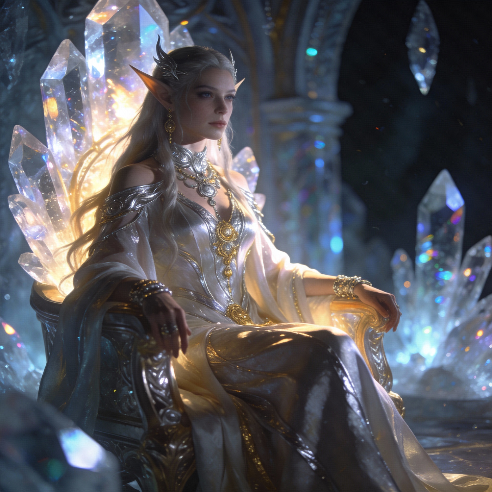 White Elf Queen Robe Seedream 4 prompt: Fantasy elf queen sitting on a throne ...