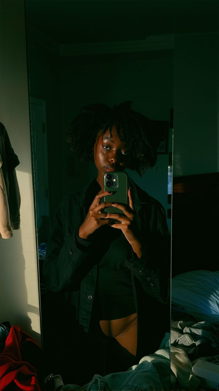 AI generated: Stable Diffusion prompt: African American woman stands in front of a mirro... (Stable Diffusion - Portraits)