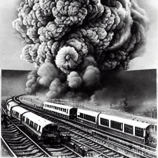 Stable Diffusion prompt: Train crash :: 150 cars :: 20 c...