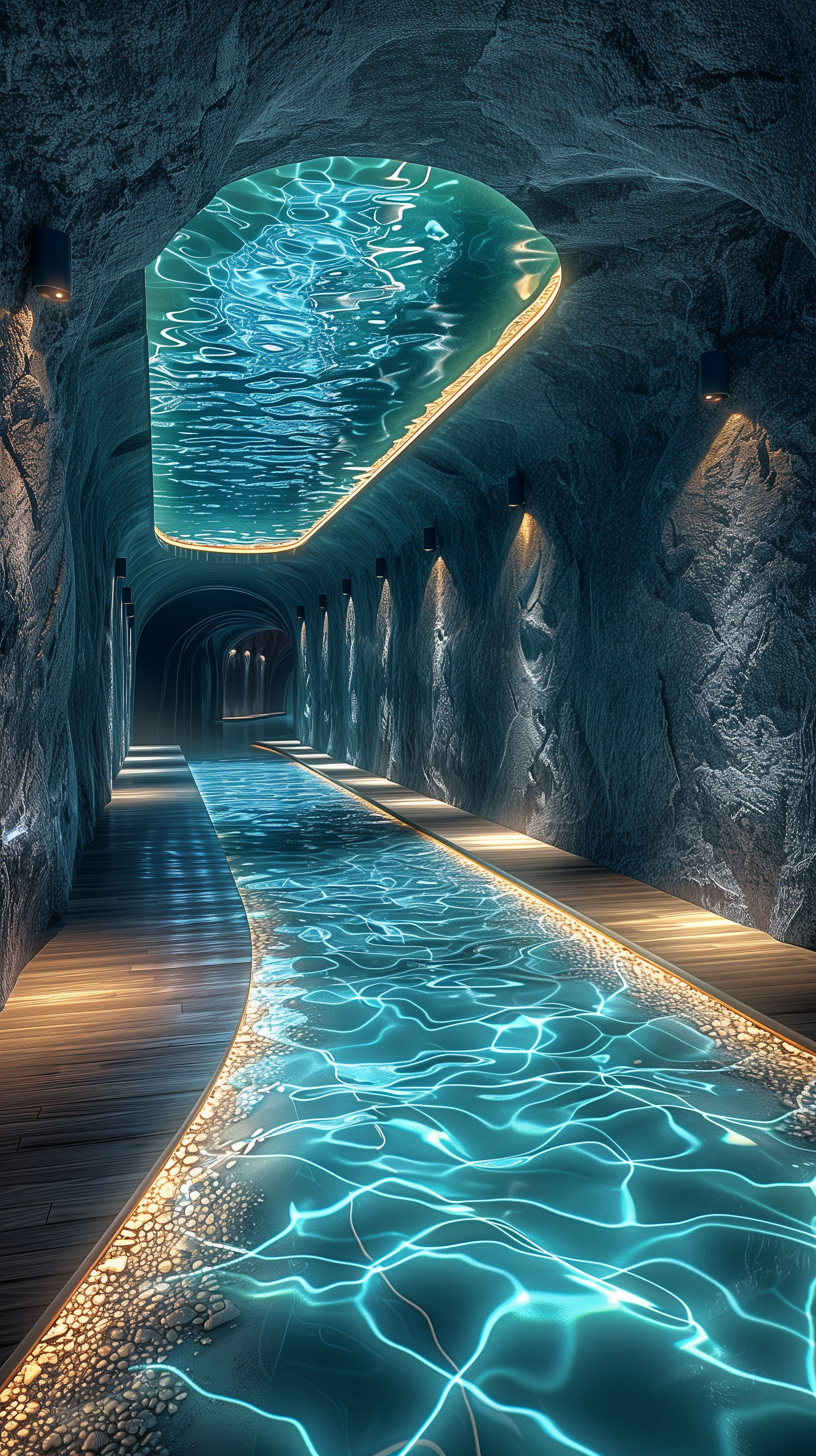 AI generated: Midjourney prompt: photography, a long hallway submerged under a calm... (Midjourney - Interior Design)