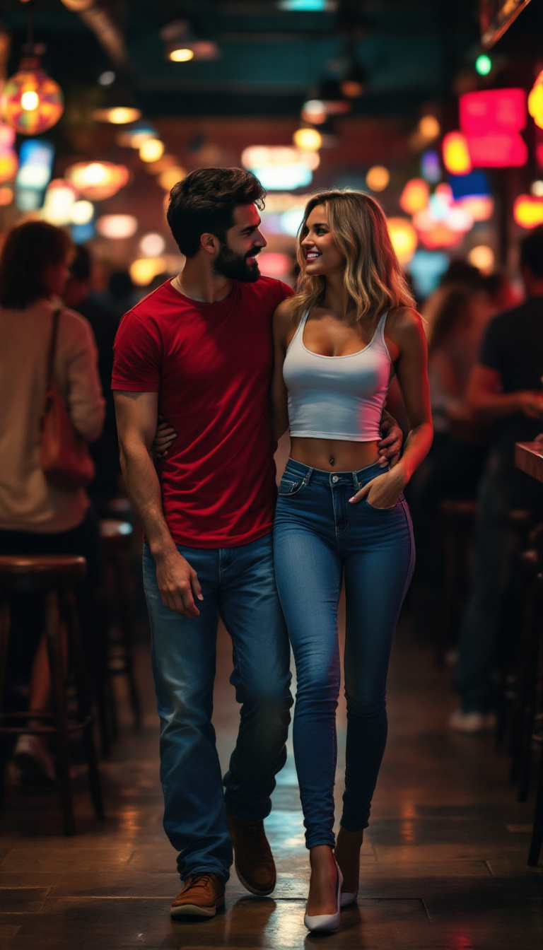 AI generated: FLUX prompt: A beautiful couple (Ana and Mike) walking in a cro... (FLUX - Fashion)