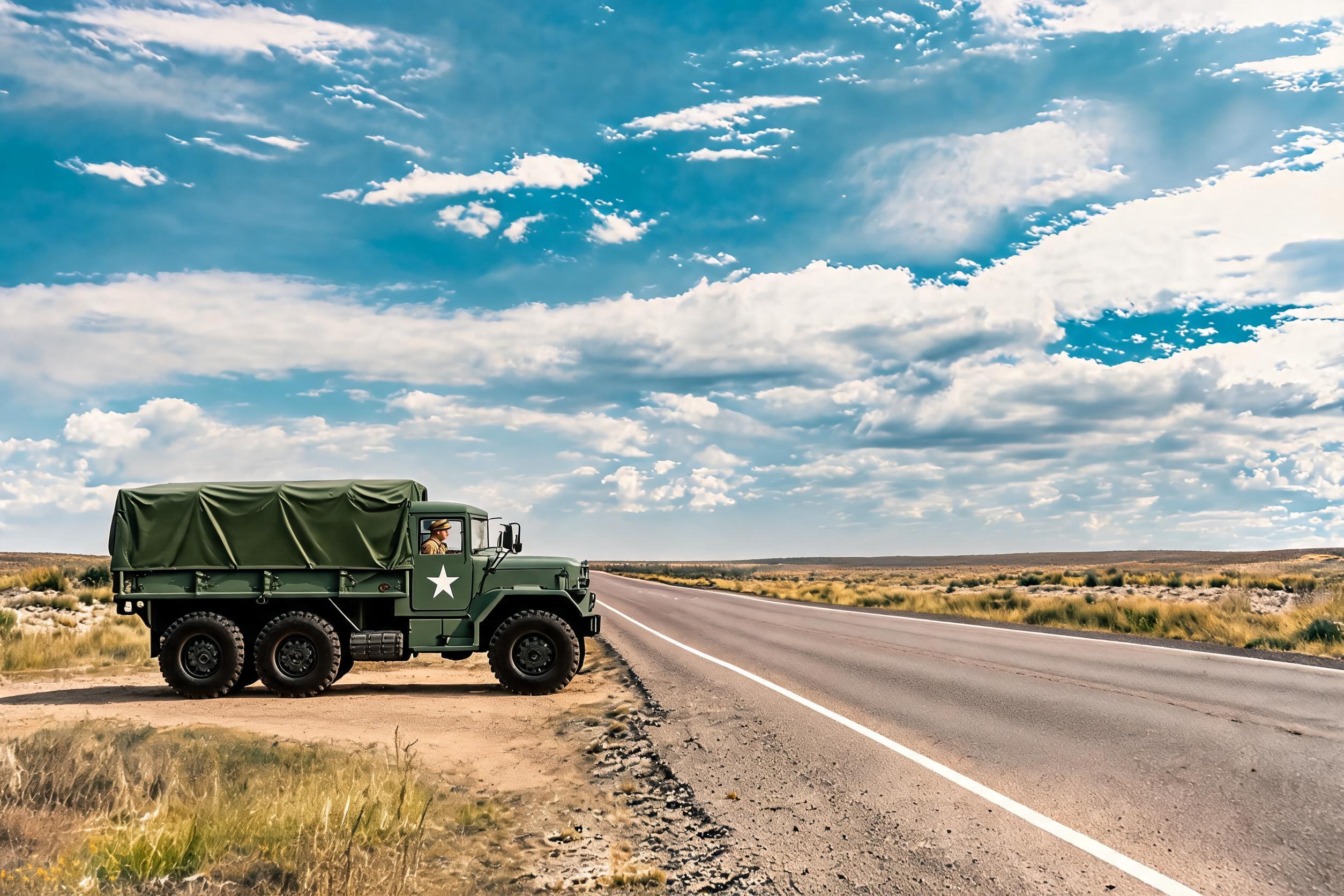 AI generated: Seedream 5 prompt: Show an Army Member driving the truck. The year i (Seedream 5 - Concept Art)