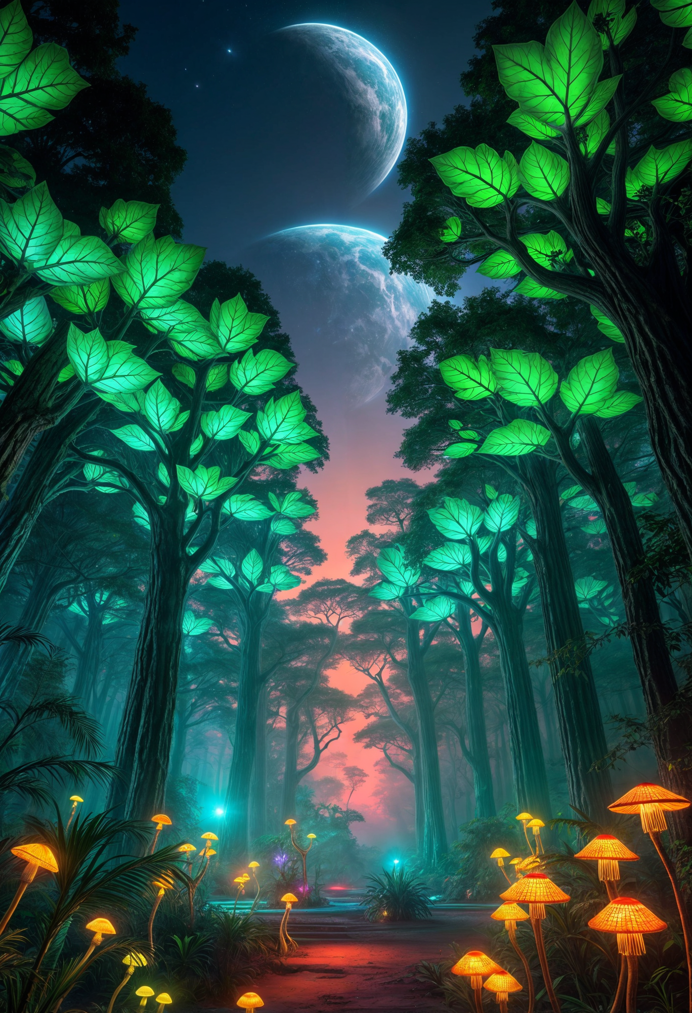 صورة مولدة بالذكاء الاصطناعي: FLUX prompt: A vertical view of an alien jungle, where massive ... (نموذج FLUX - مناظر طبيعية)