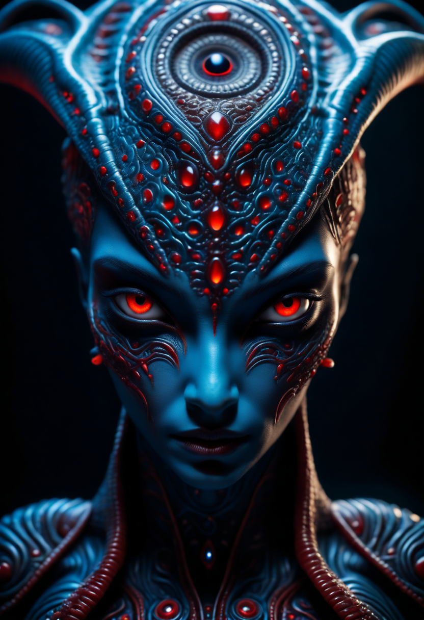 صورة مولدة بالذكاء الاصطناعي: Stable Diffusion prompt: An image of an alien in blue-skinned creature with... (نموذج Stable Diffusion - تصوير فوتوغرافي)