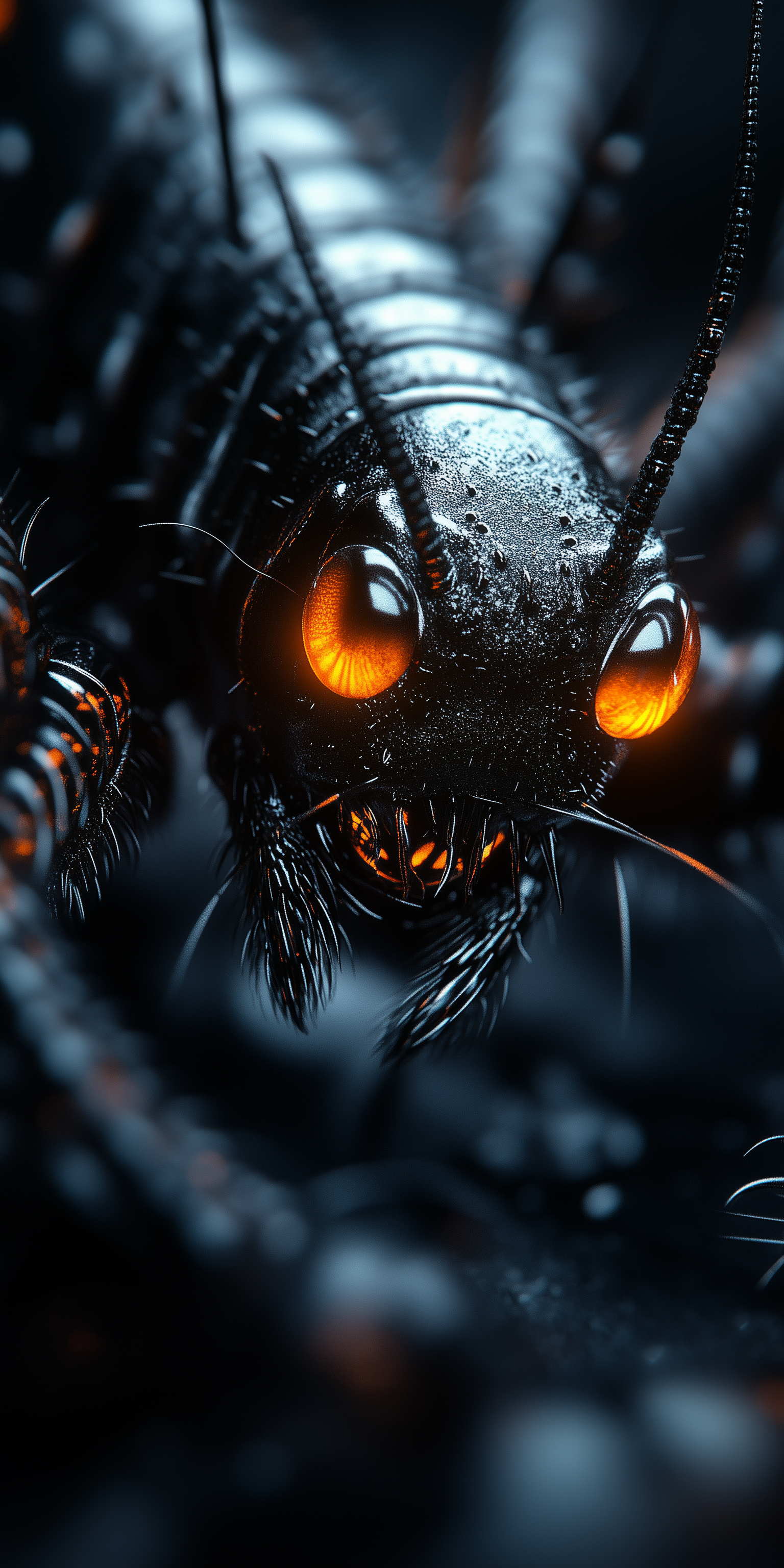Midjourney prompt: A centipede with a black body and glowing orange e... - Midjourney