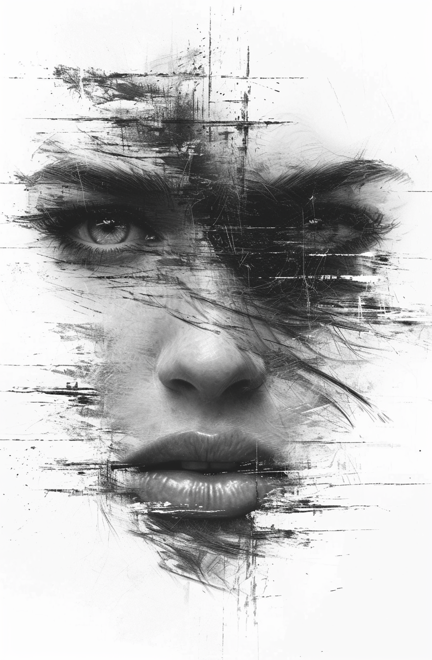 AI generated: Midjourney prompt: a black and white painting of woman's face, in the... (Midjourney - Portraits)