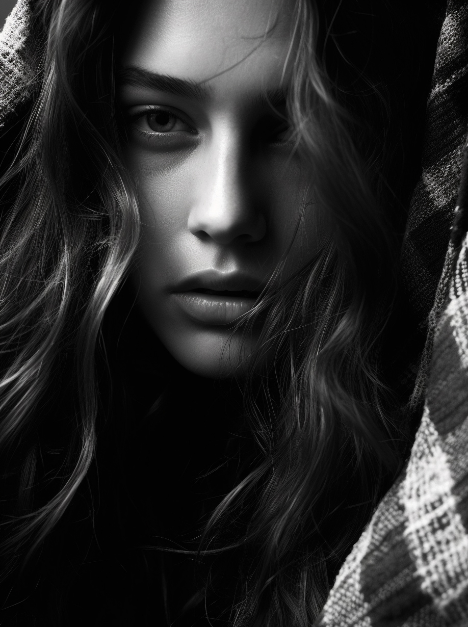 Midjourney prompt: a black and white photo of a woman with long hair,... - Midjourney